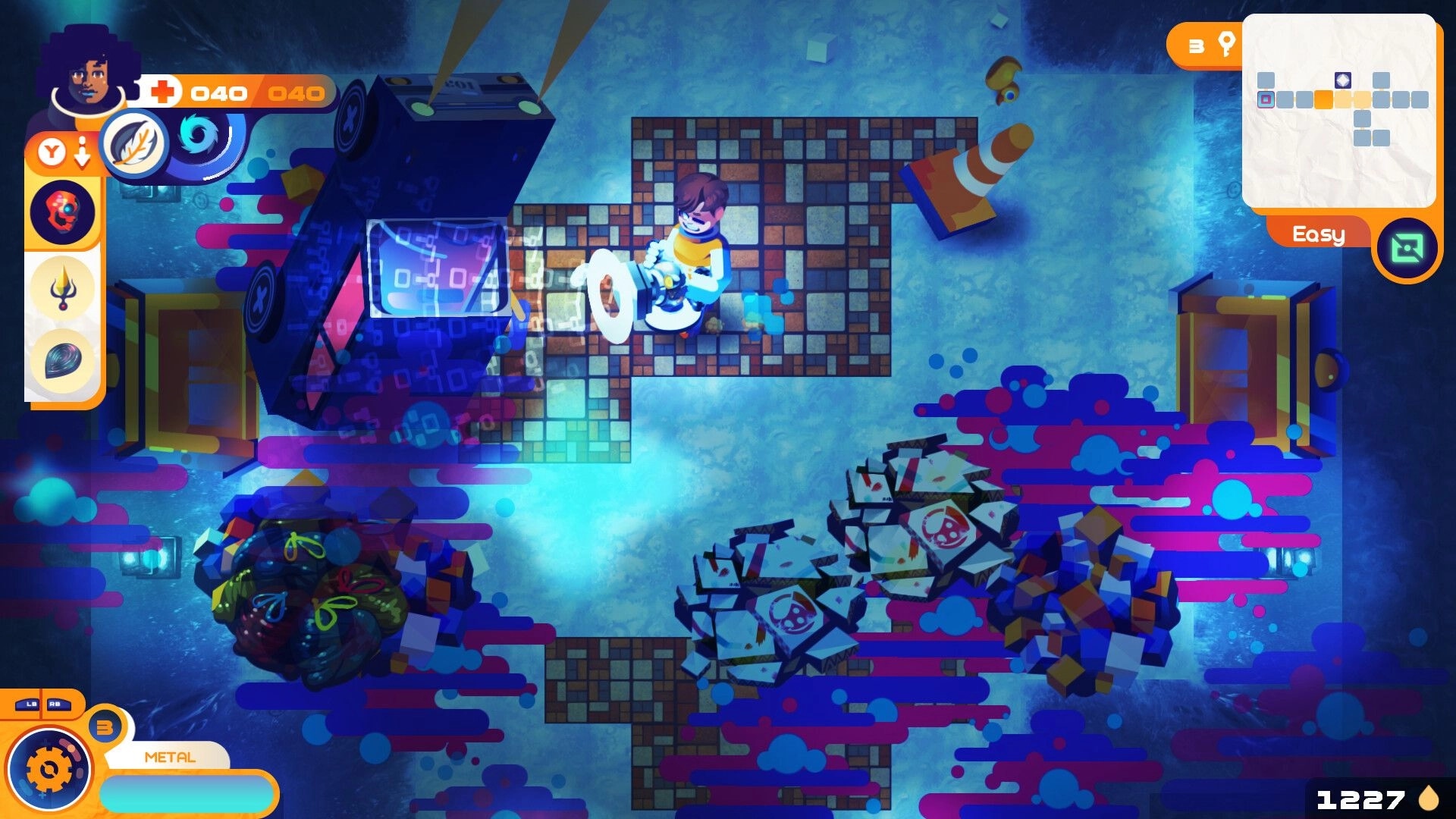 Grashers: Character vacuuming debris in pixelated room with health bar and map interface visible