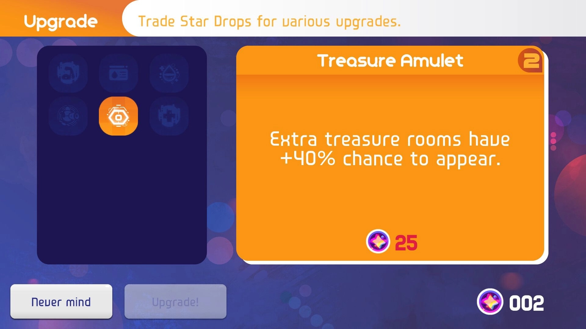 Grashers: Upgrade menu with Treasure Amulet description, enhancing treasure room appearance by 40%
