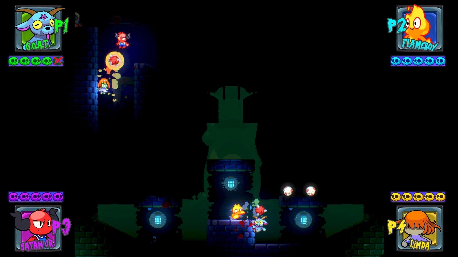 Grave Dodgers: Four players brawl near a ledge with dodgeballs in a dark dungeon arena with HUD portraits.