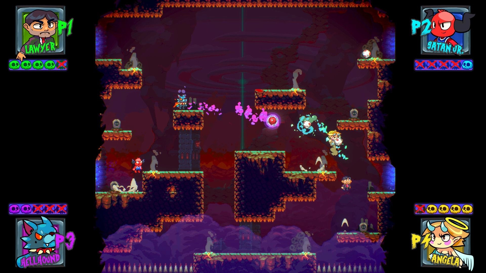 Grave Dodgers: Four players trade dodgeballs midair on platforms in a smoky lava cavern arena UI.