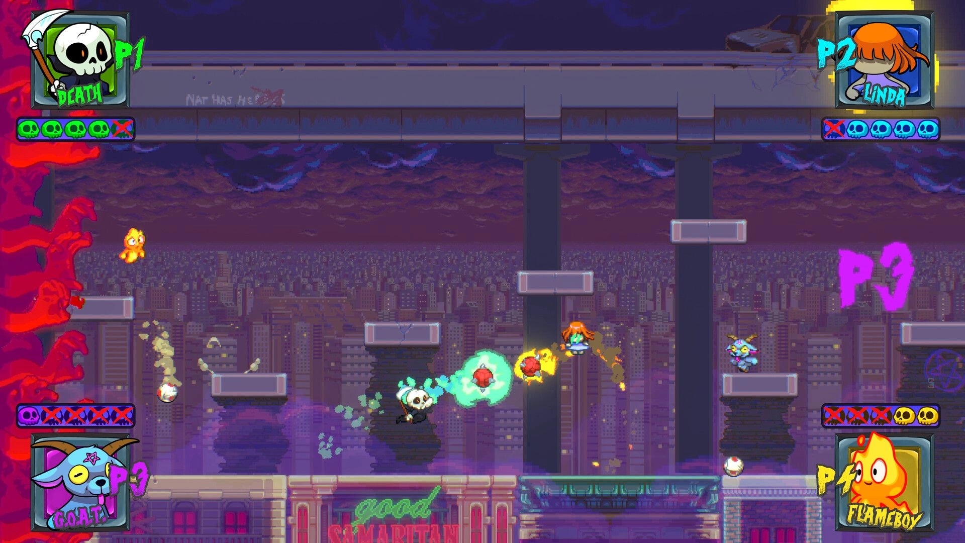 Grave Dodgers: Four-player dodgeball brawl with P1 Death vs Linda on floating platforms above cityscape.