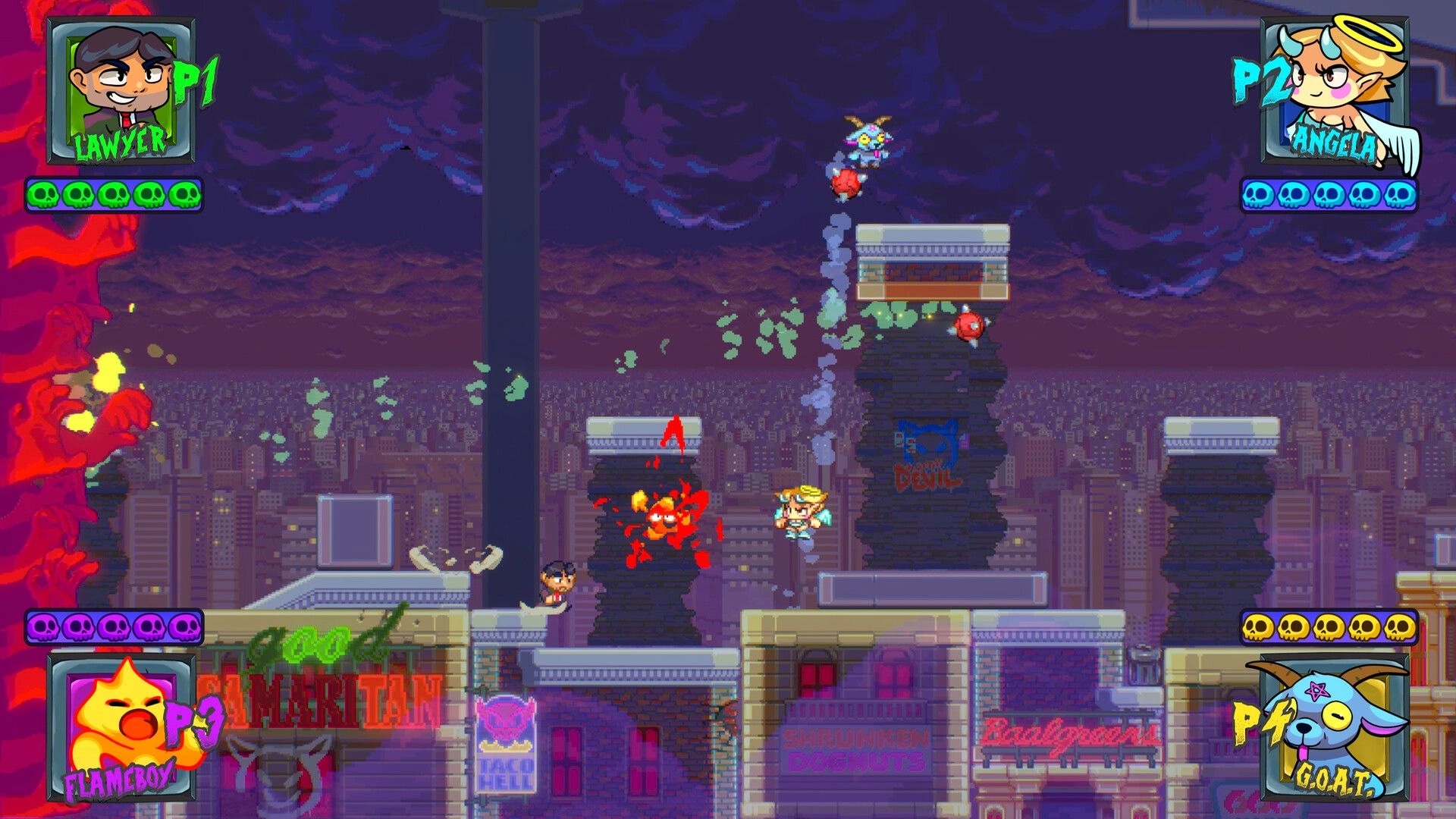 Grave Dodgers: Four players brawl and throw balls on rooftop platforms above a neon hell city skyline.