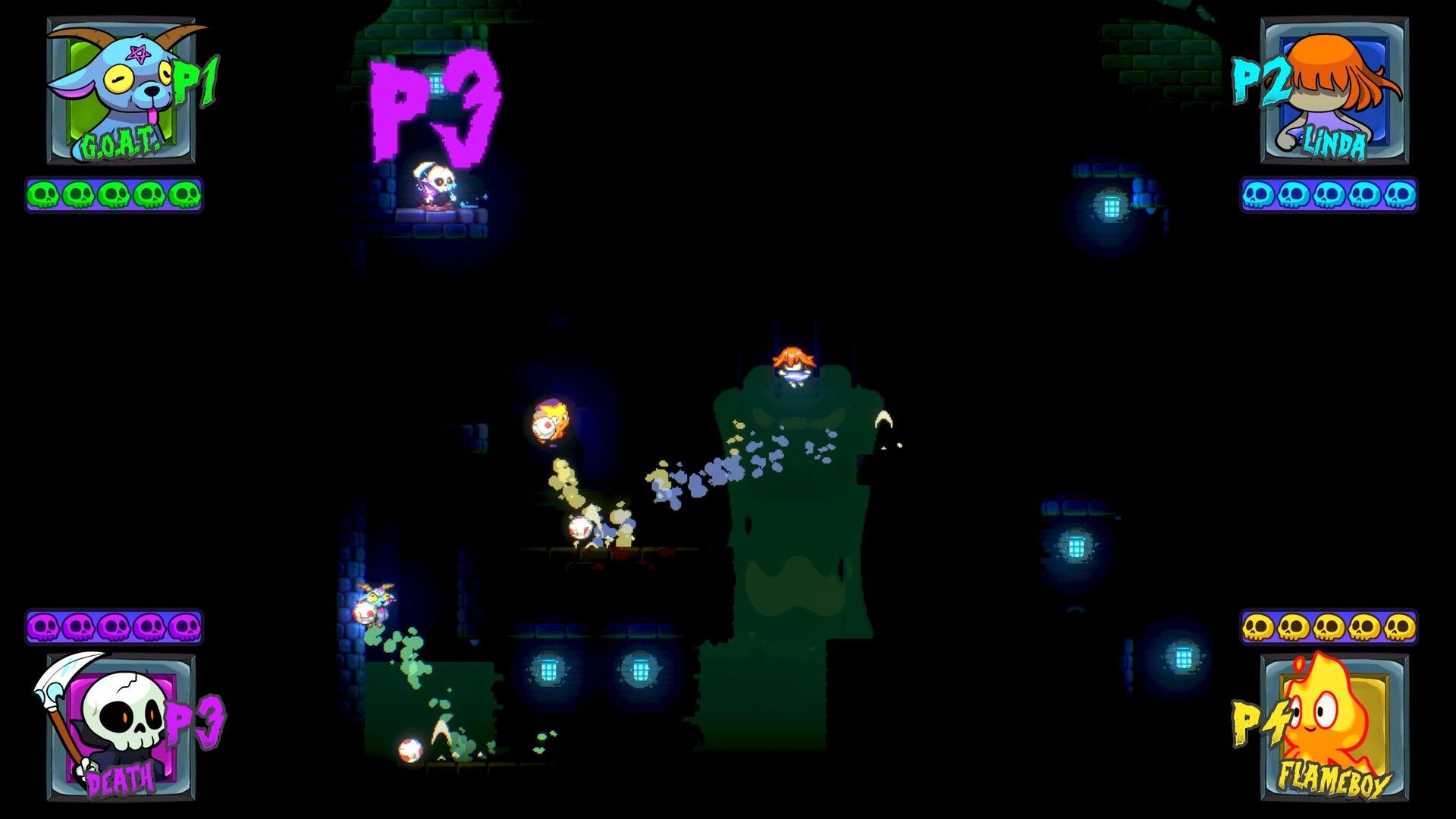 Grave Dodgers: Four-player dodgeball brawl with P1 GOAT and P2 Linda in dark catacombs arena.