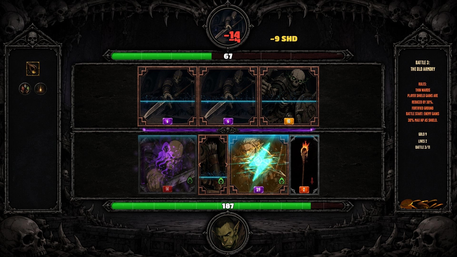 Grave Profits: Auto-battle card combat with three enemy cards vs four party cards in armory UI.