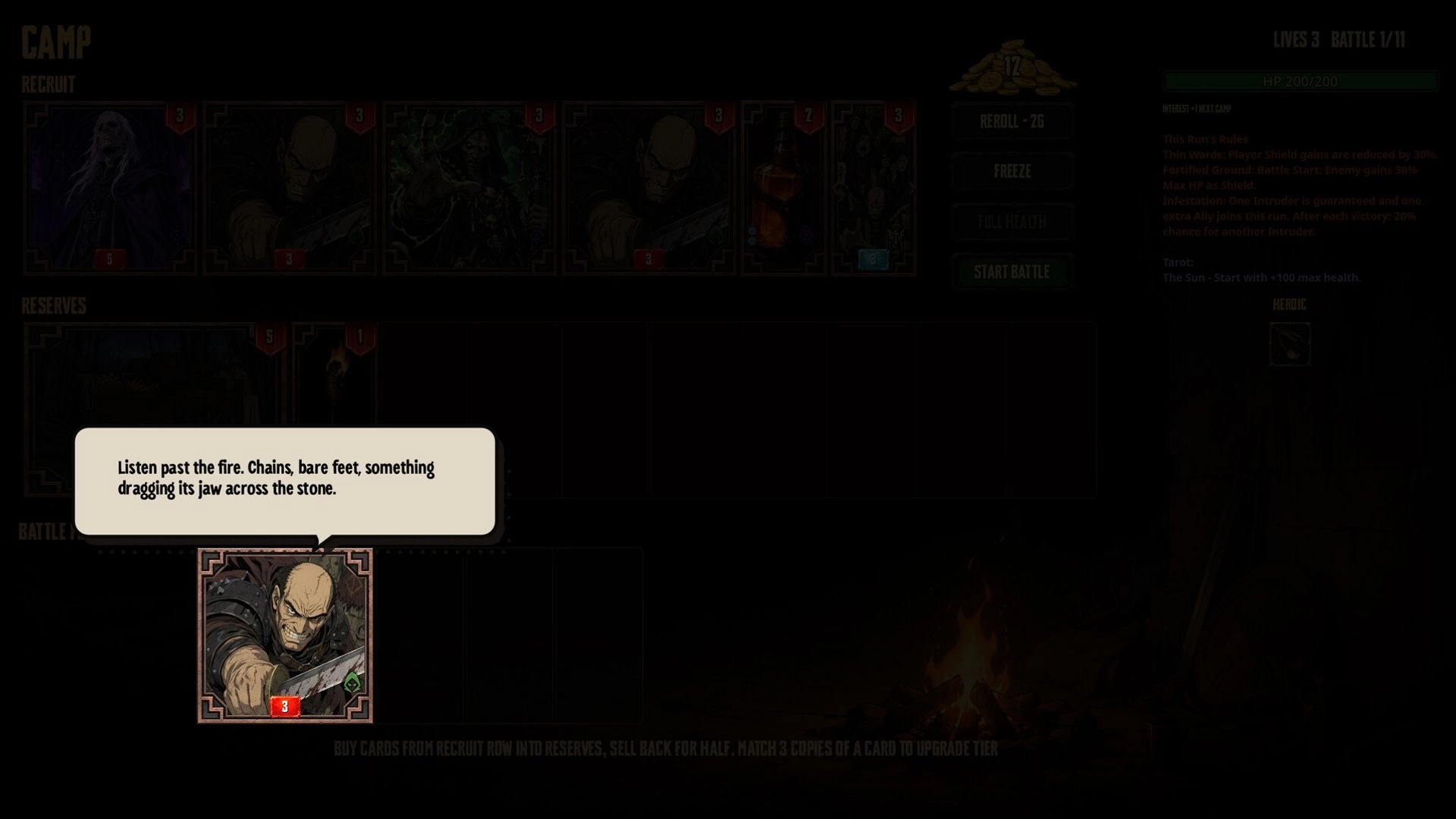Grave Profits: Camp recruit screen with character cards and dialogue box by a dim campfire UI.