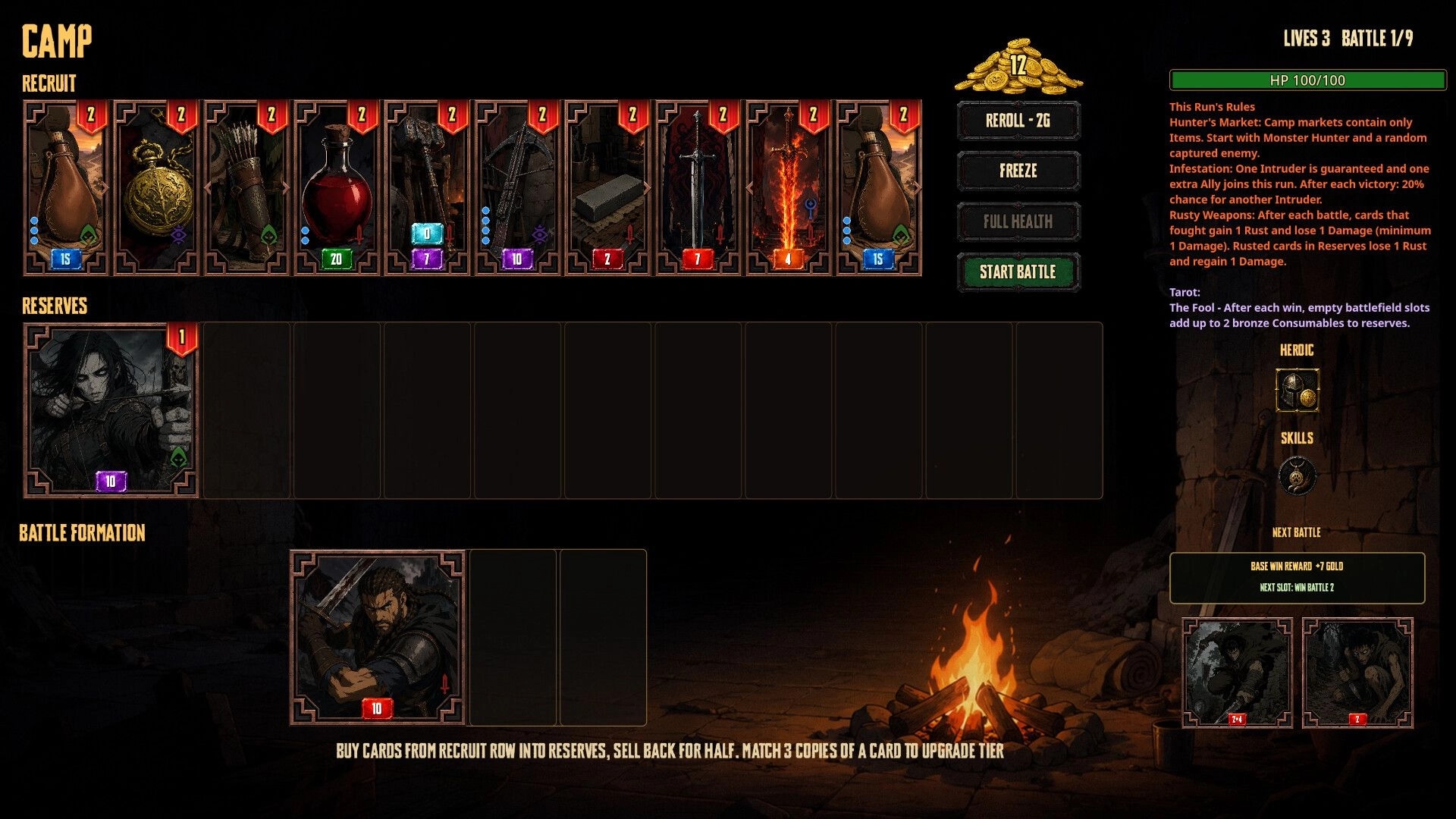 Grave Profits: Camp recruit shop with item cards, reserves row, and Start Battle button by fire pit.