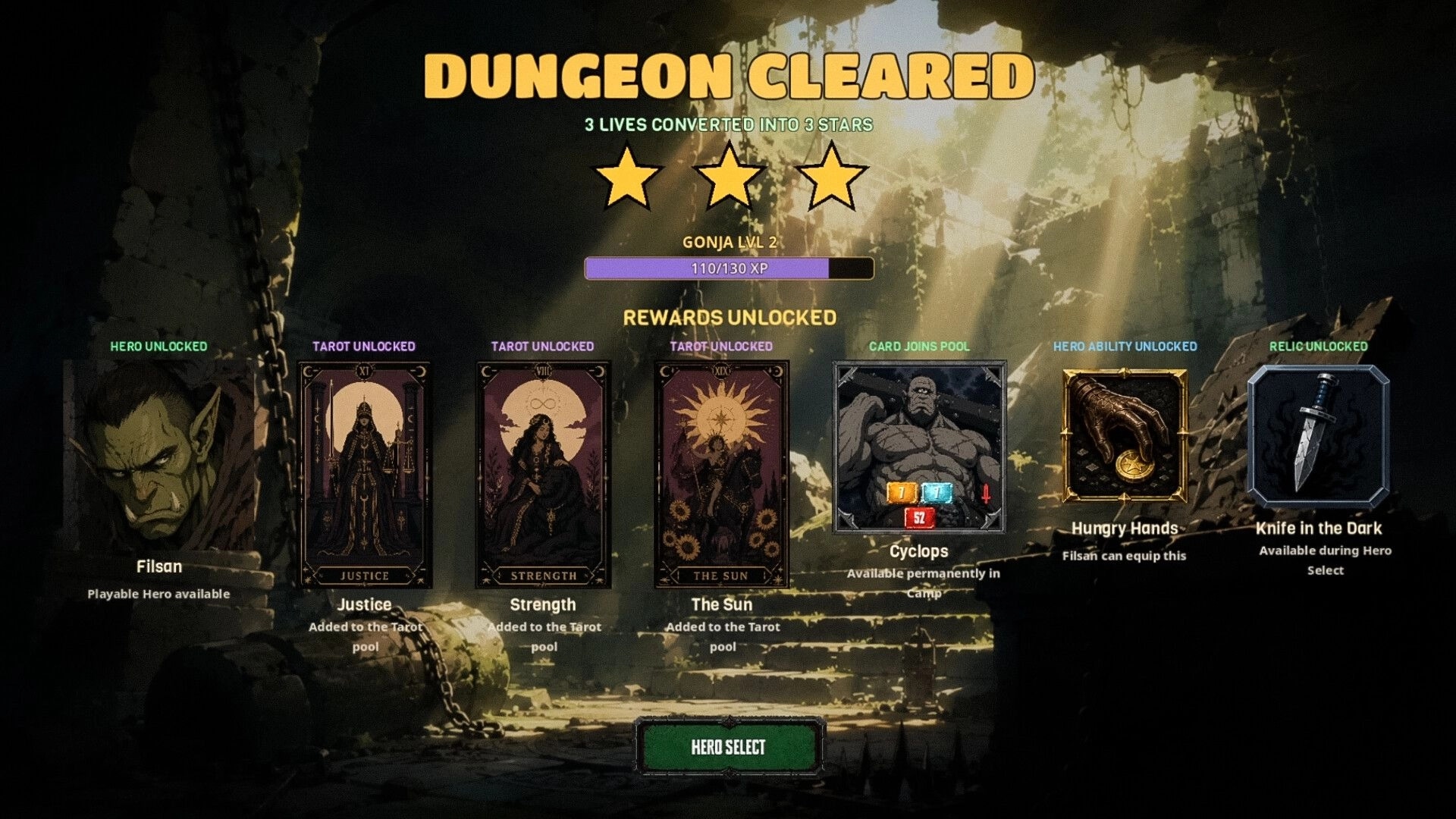 Grave Profits: Dungeon cleared rewards screen with tarot cards and relics in a ruined temple backdrop.