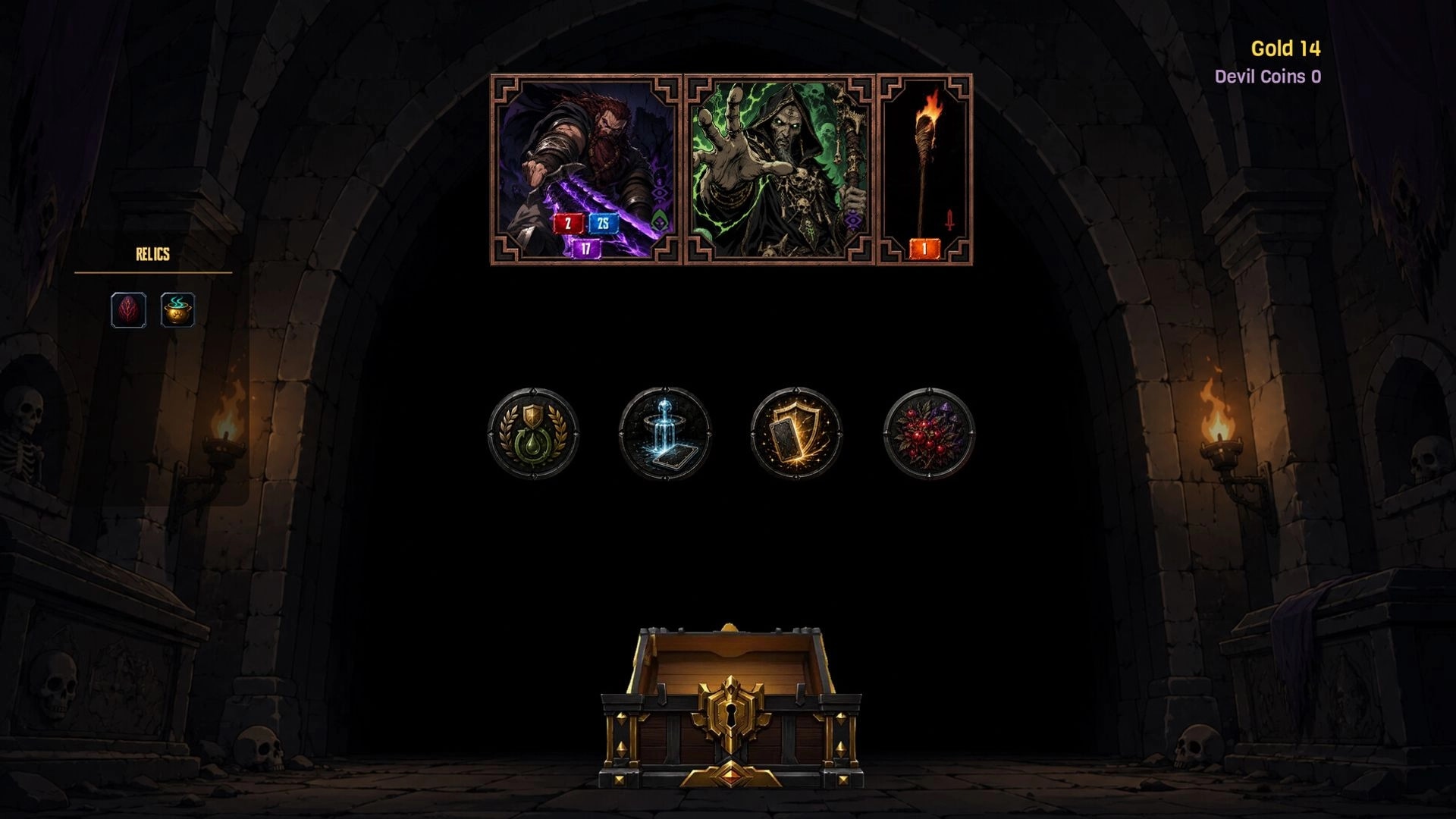 Grave Profits: Reward loot screen with hero cards, relics row, and chest in a torchlit crypt.