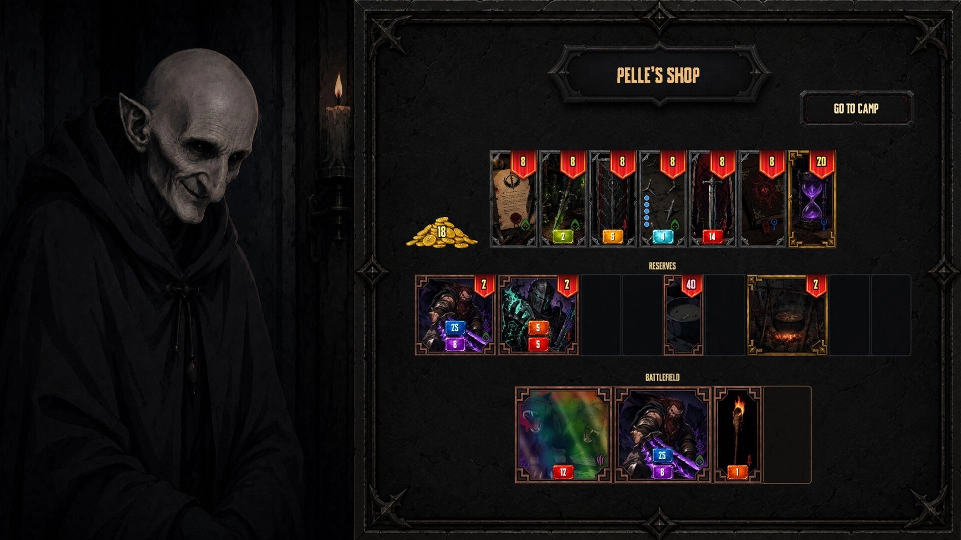 Grave Profits: Pelle's Shop card market with items and reserves, gold count, and Go to Camp button.