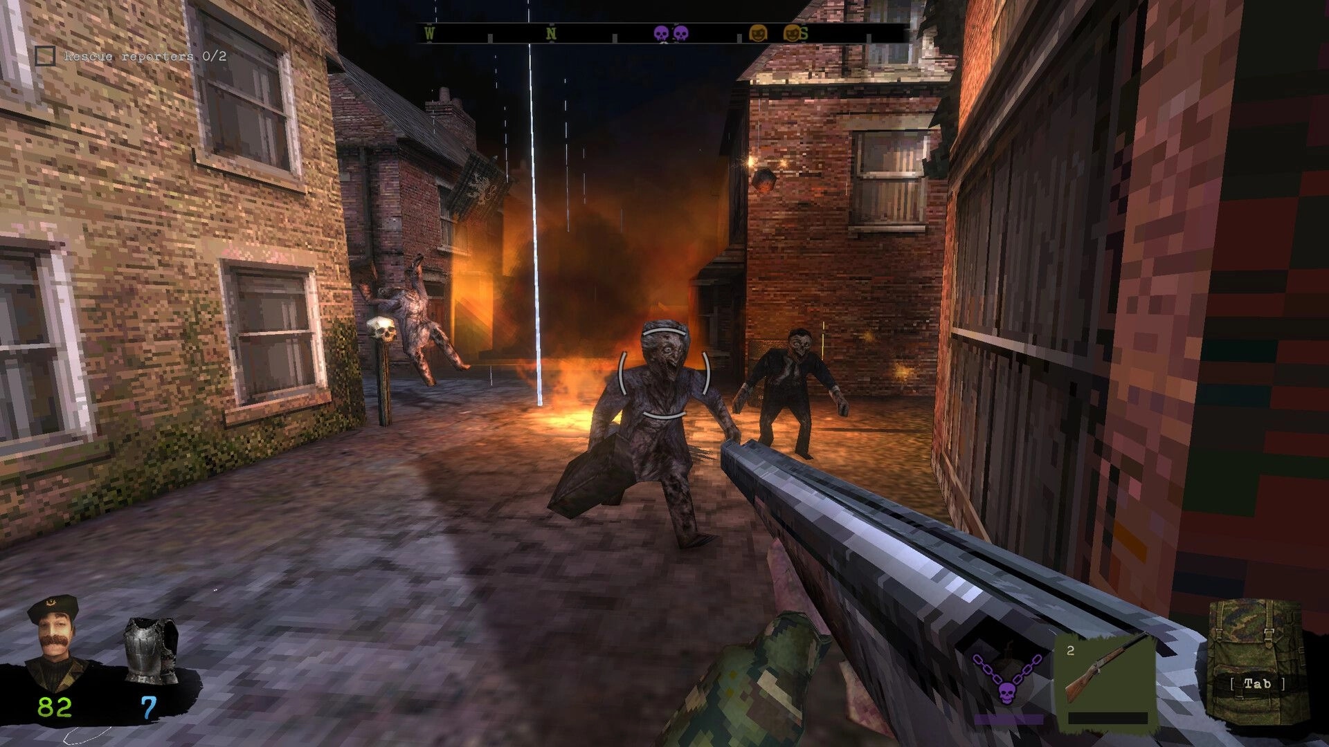 Graveheart: Shotgun aimed at charging zombies in a brick alley lit by fire, objective HUD visible.
