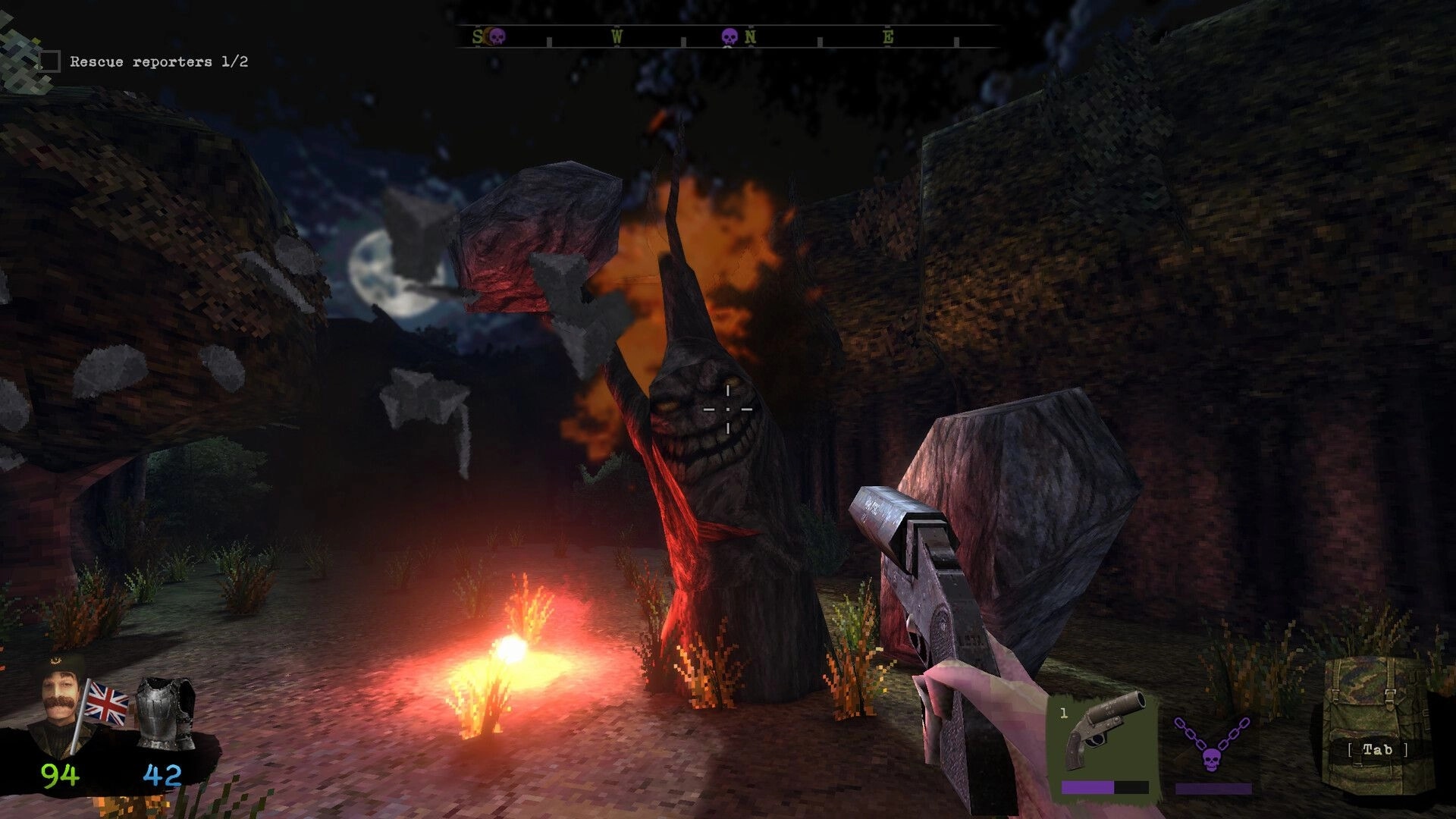 Graveheart: Aiming pistol at horned stone idol near flare in rocky canyon at night, HUD visible.