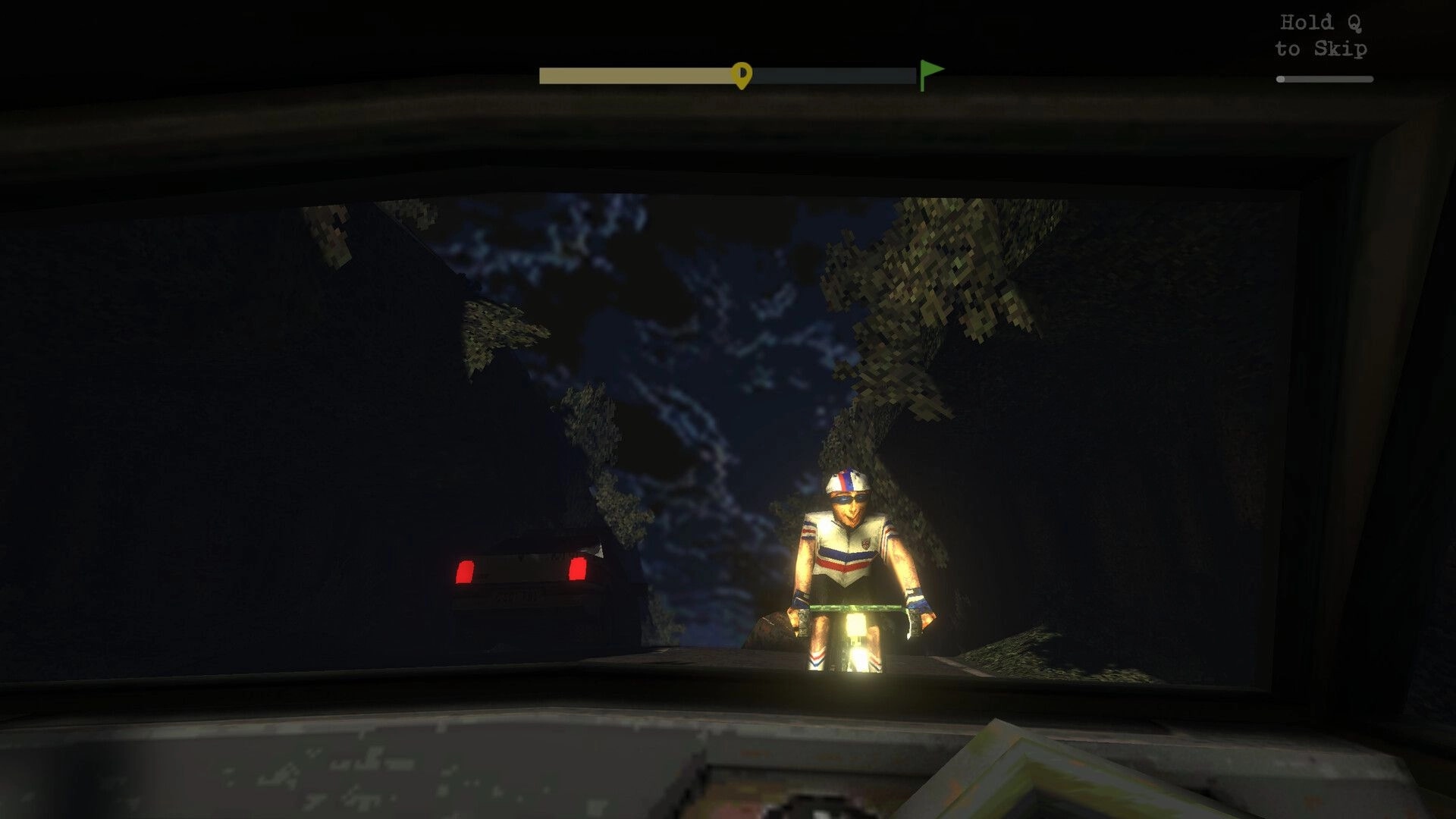 Graveheart: First-person view from a car facing a cyclist at night, with Hold Q to Skip prompt.