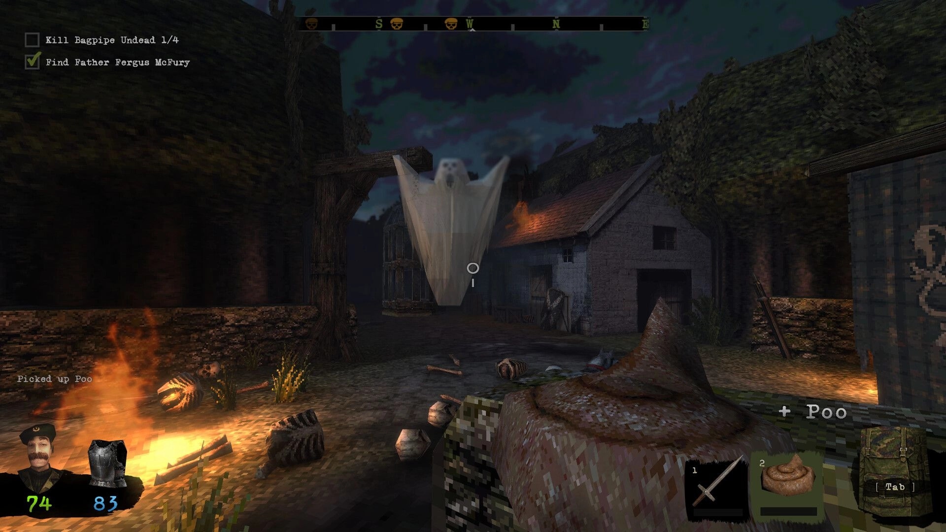Graveheart: A ghost enemy hovers ahead as the player holds poo in a dark village street HUD visible.