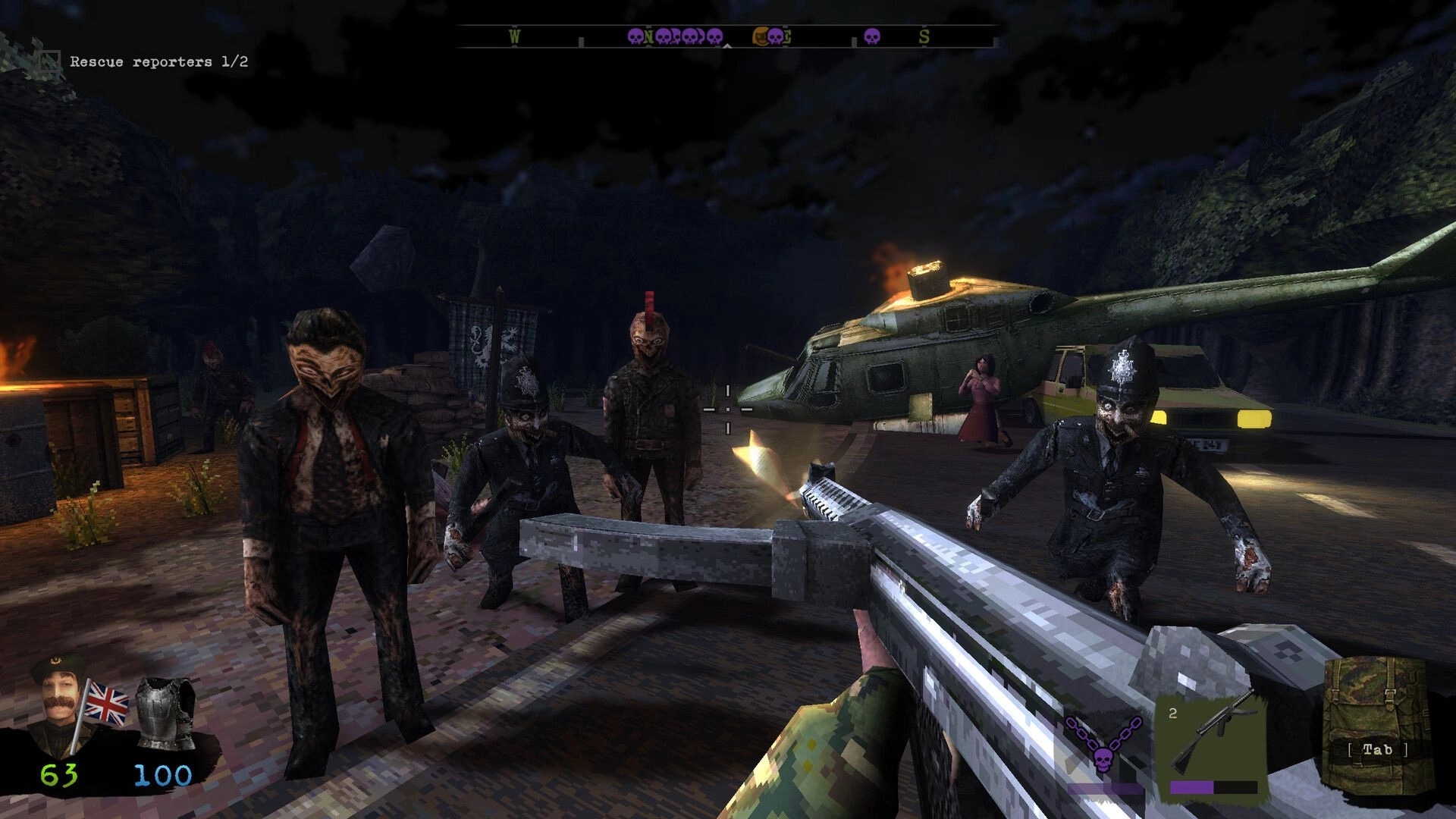 Graveheart: Shotgun aimed at zombie cops on a dark road beside a crashed helicopter, objective UI visible.