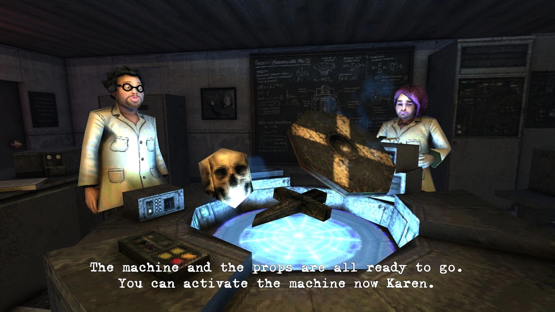 Graveheart: Two lab-coated scientists by a glowing machine with skull and stone slab in lab room.
