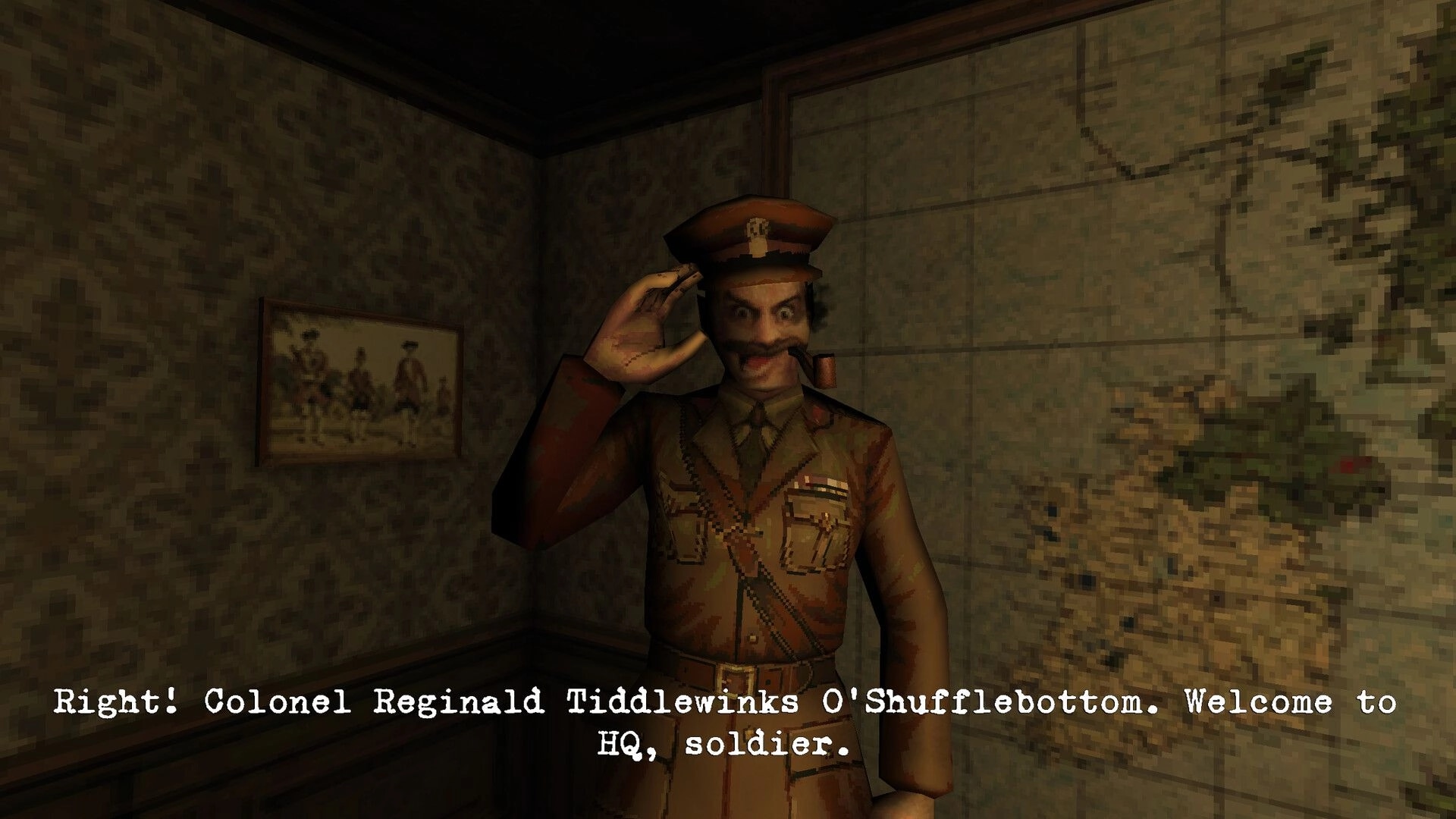 Graveheart: Mustached officer salutes in a grimy HQ room as dialogue text welcomes the player soldier.