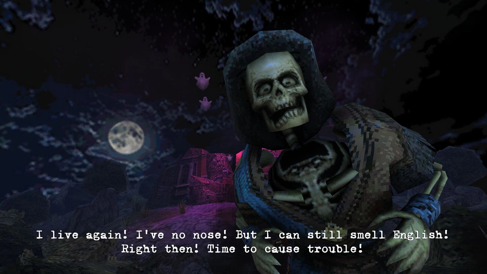 Graveheart: Hooded skeleton close-up with dialogue text under a moonlit graveyard and ruins backdrop.