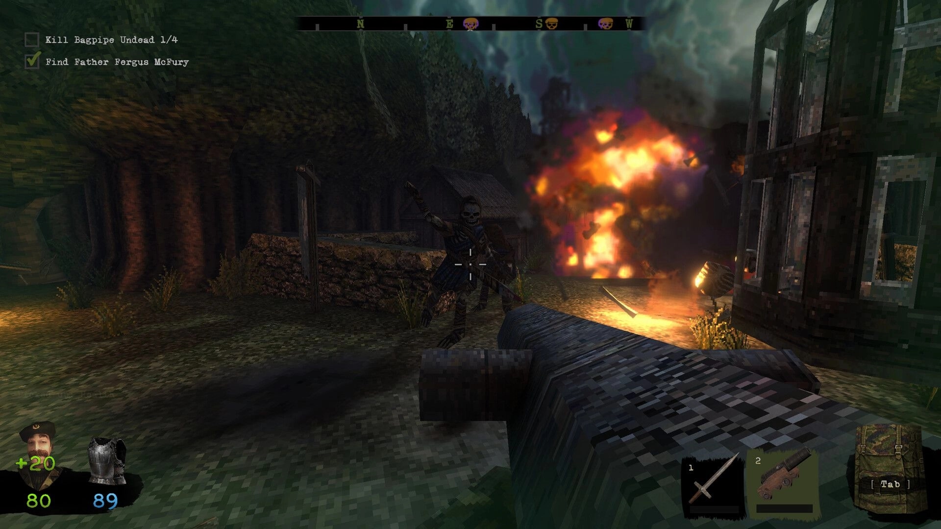 Graveheart: Aiming a shotgun at a skeleton as a fiery explosion erupts beside a village shack HUD quests visible.