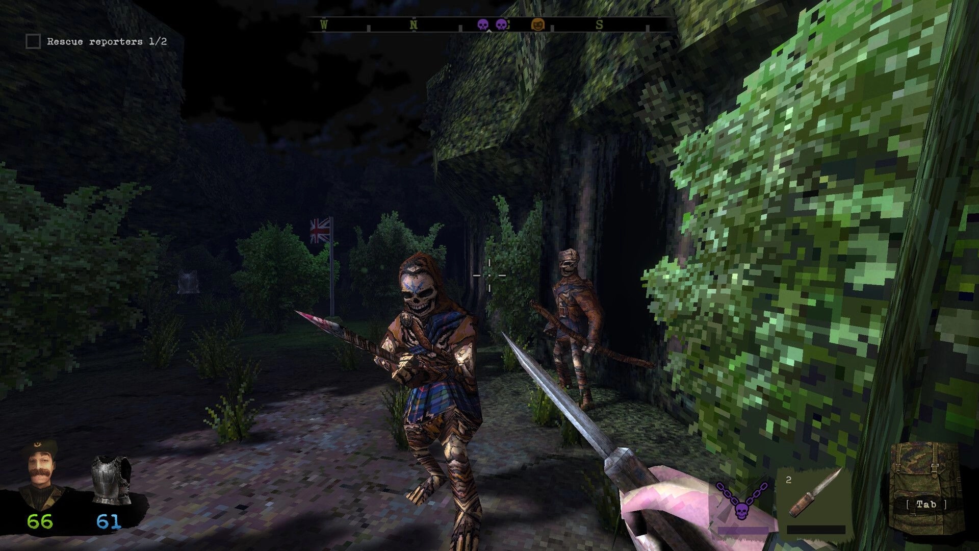 Graveheart: Sword raised at two masked bandits on a dark forest path with rescue objective UI.