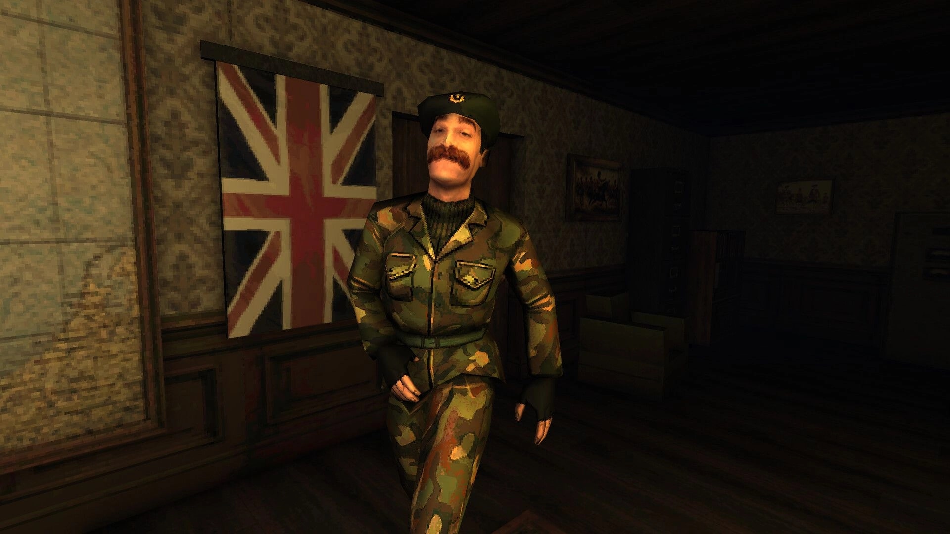 Graveheart: Mustached soldier in camouflage strides down a dim hallway past a Union Jack poster.