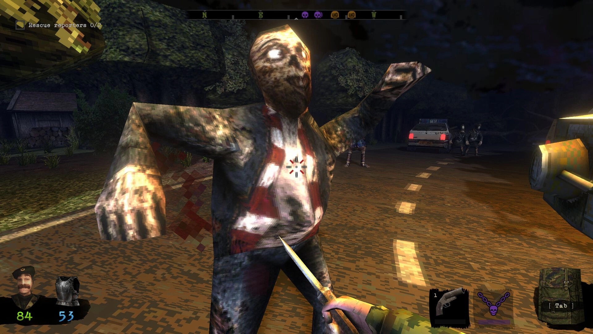 Graveheart: Knife attack on a zombie in a dark road with cars, mission text and HUD visible.