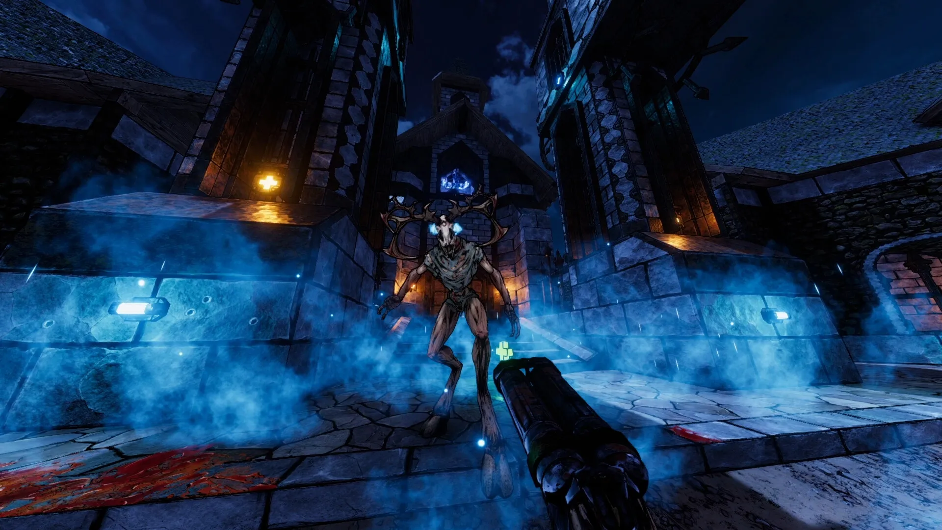 Gravelord: Player aiming at a horned creature in a dark, eerie castle courtyard with glowing blue mist