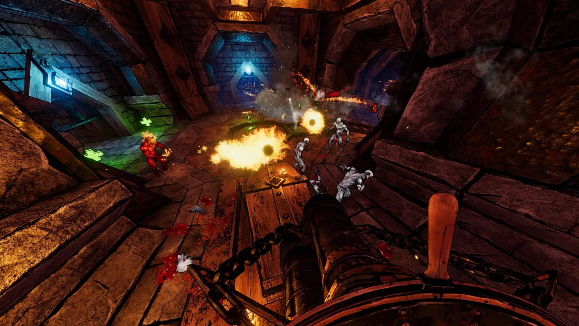 Gravelord: First-person combat with cannon and enemies in fiery stone dungeon environment