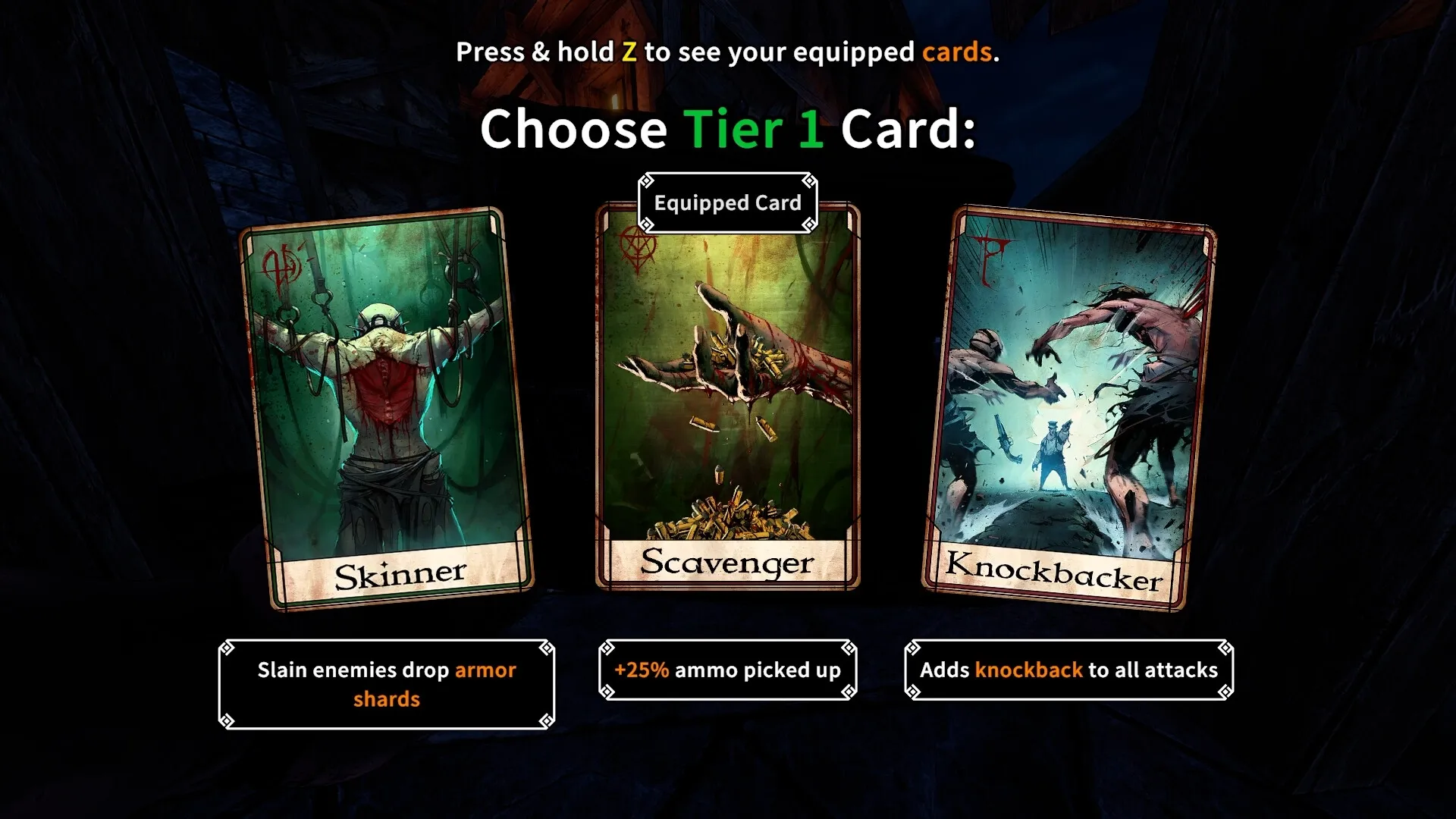 Gravelord: Card selection menu with Tier 1 Cards: Skinner, Scavenger, Knockbacker in dark setting