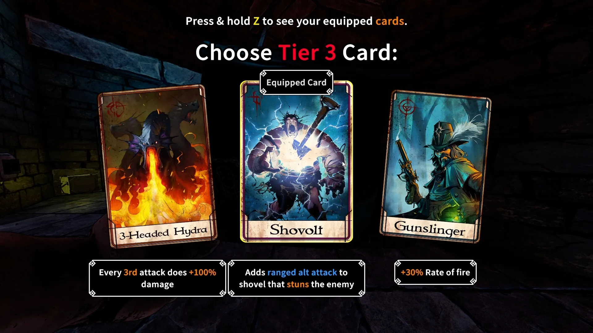 Gravelord: Card selection screen with options for 3-Headed Hydra, Shovolt, and Gunslinger in dungeon.