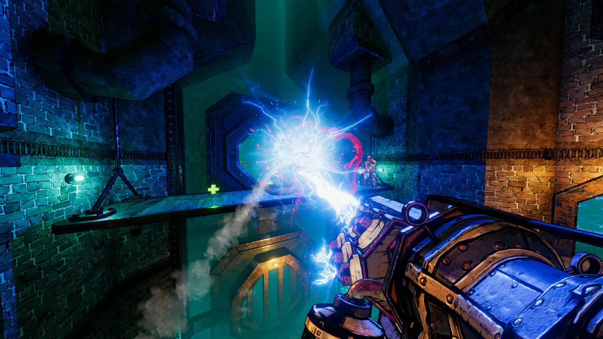 Gravelord: Player uses lightning weapon against enemy in industrial chamber with pipes and glowing lights.