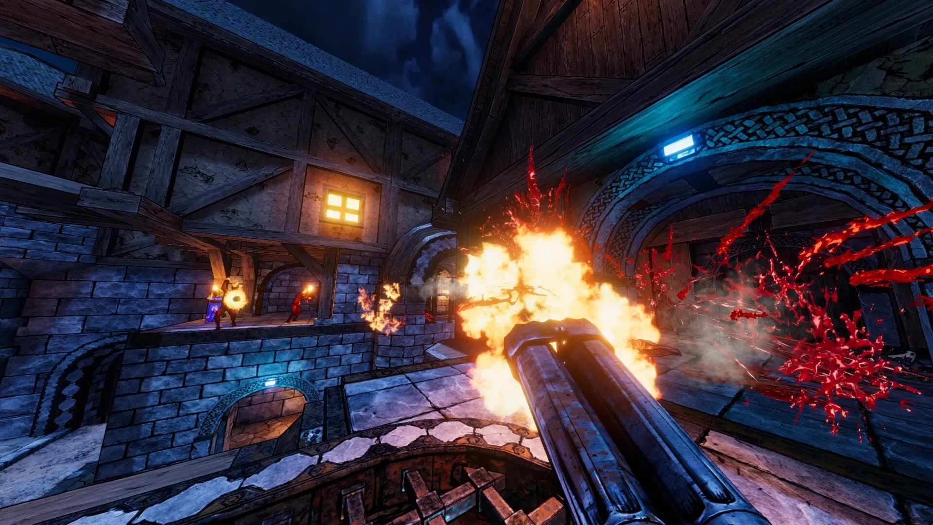 Gravelord: Intense combat with shotgun blast and explosions in a medieval castle corridor at night