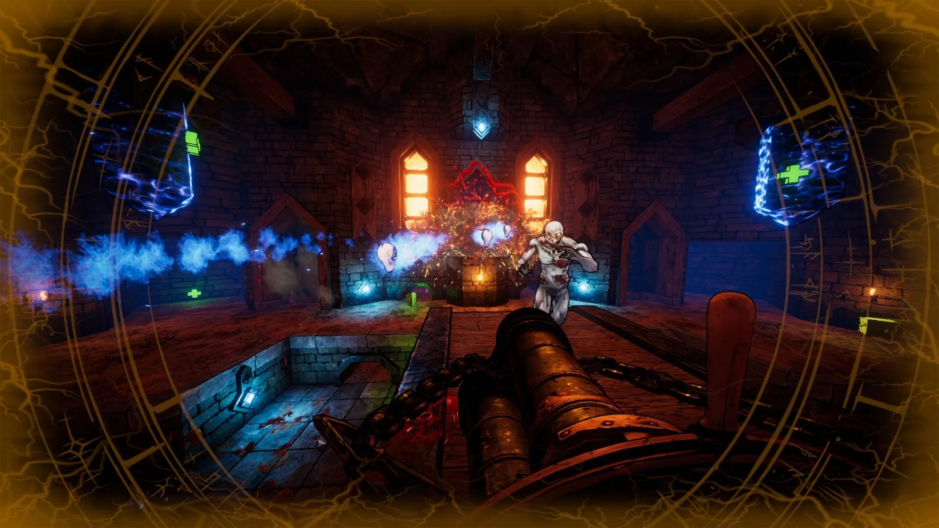 Gravelord: Firing cannon at enemy in dark stone chamber with glowing runes and floating health icons