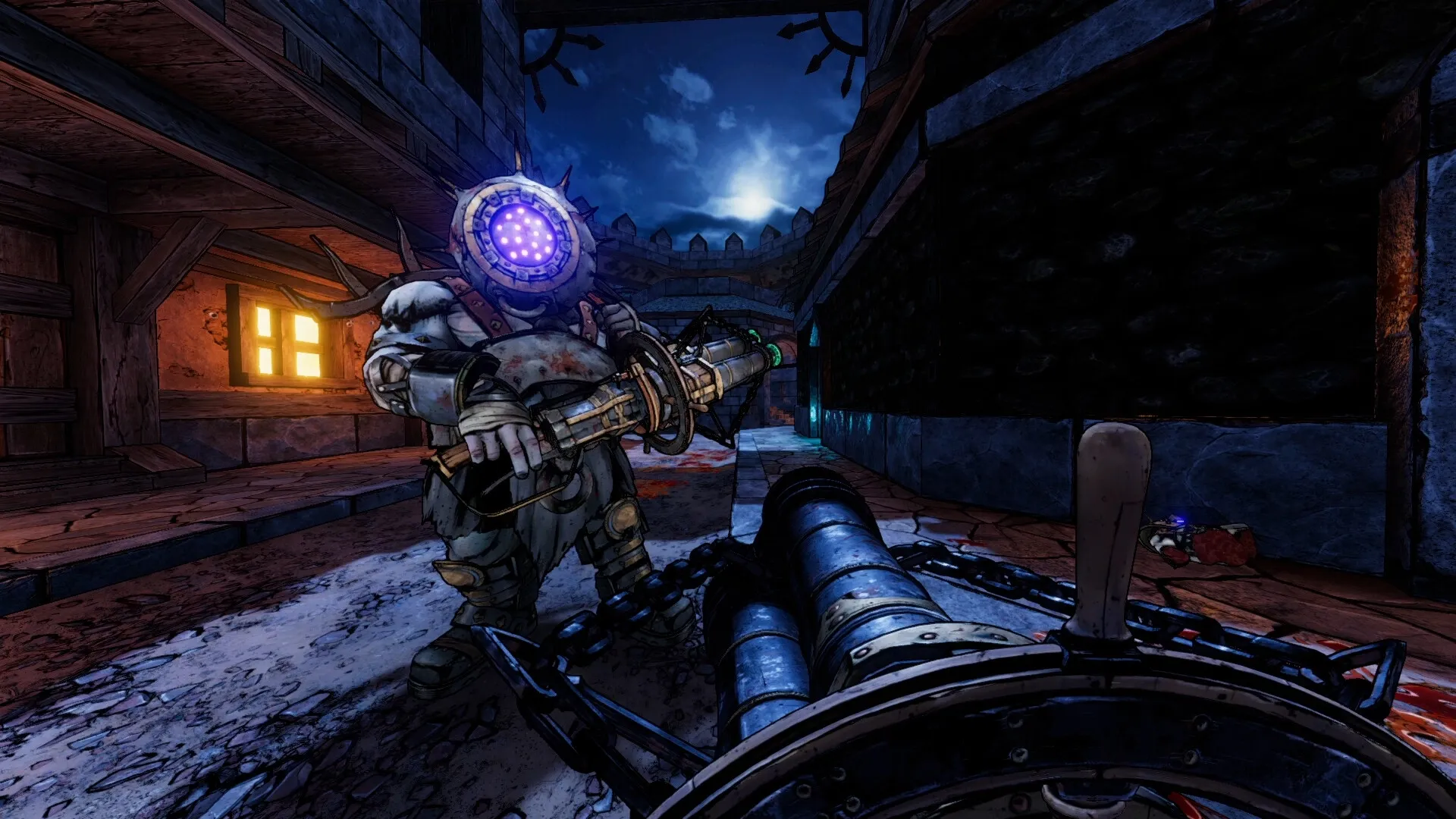 Gravelord: Player facing armored enemy with futuristic weapon in dark medieval alley at night.