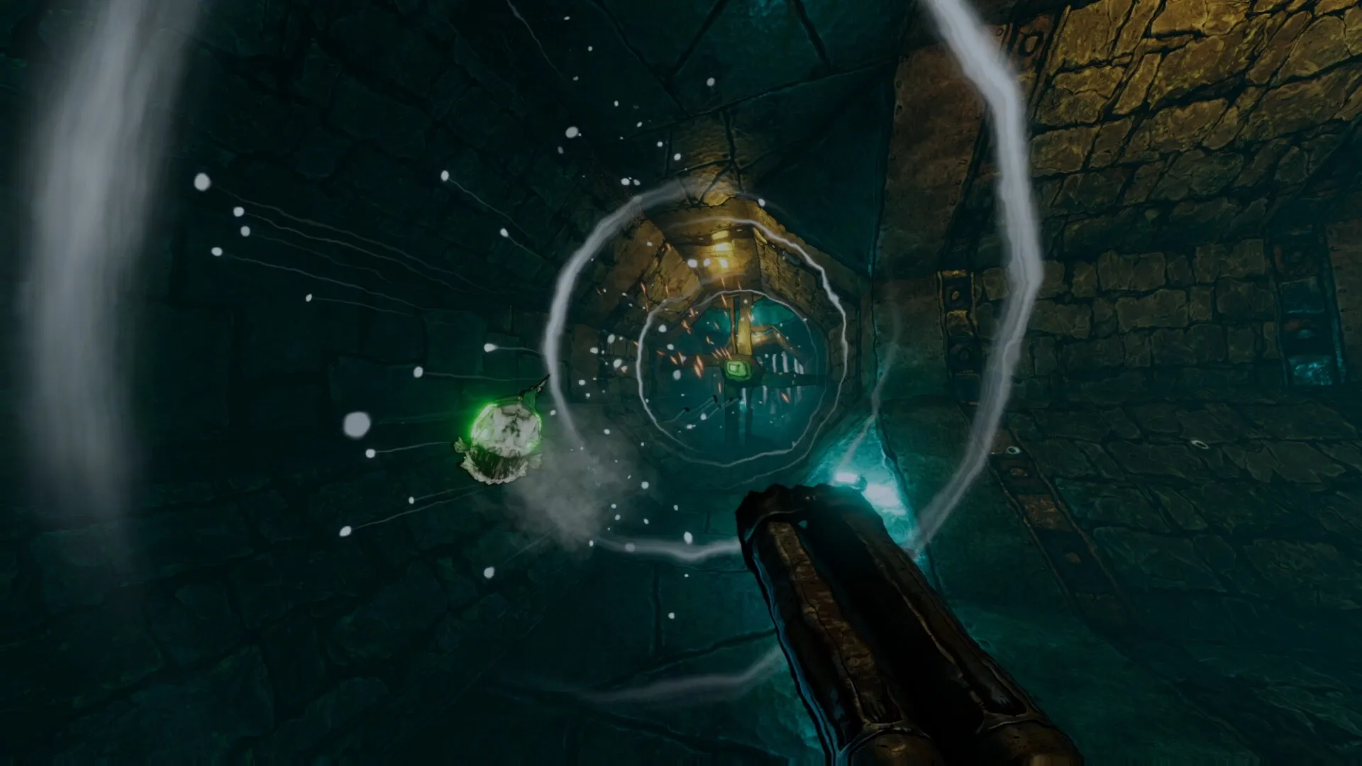 Gravelord: First-person view shooting glowing skull in dimly lit stone dungeon corridor
