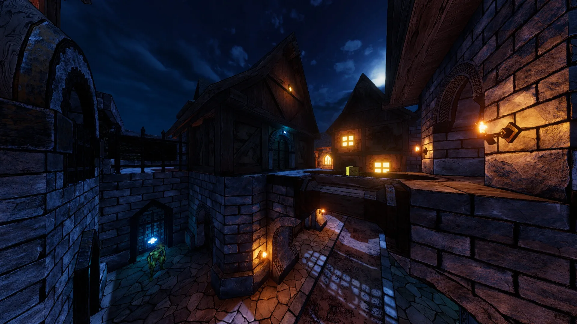 Gravelord: Nighttime village scene with stone buildings, glowing windows, and dimly lit pathways.