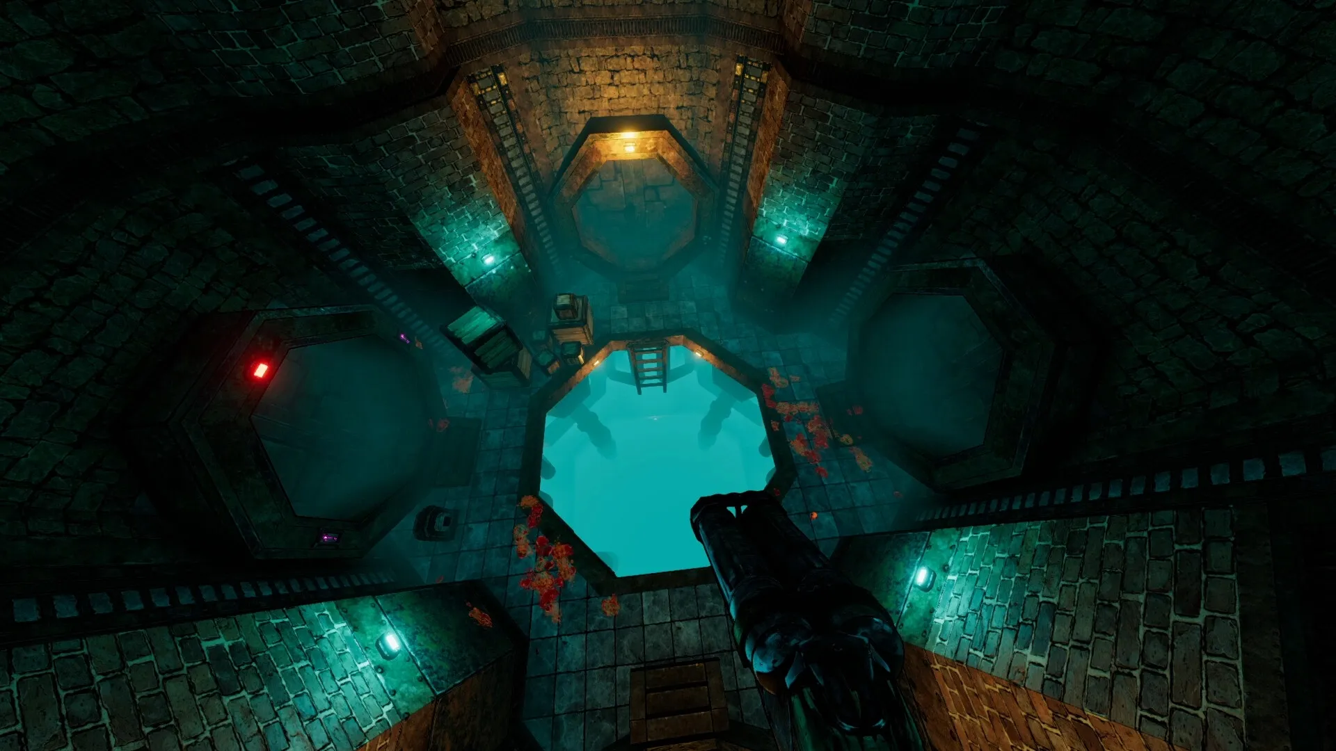 Gravelord: First-person gun view in a dimly lit stone chamber with glowing pool and scattered crates