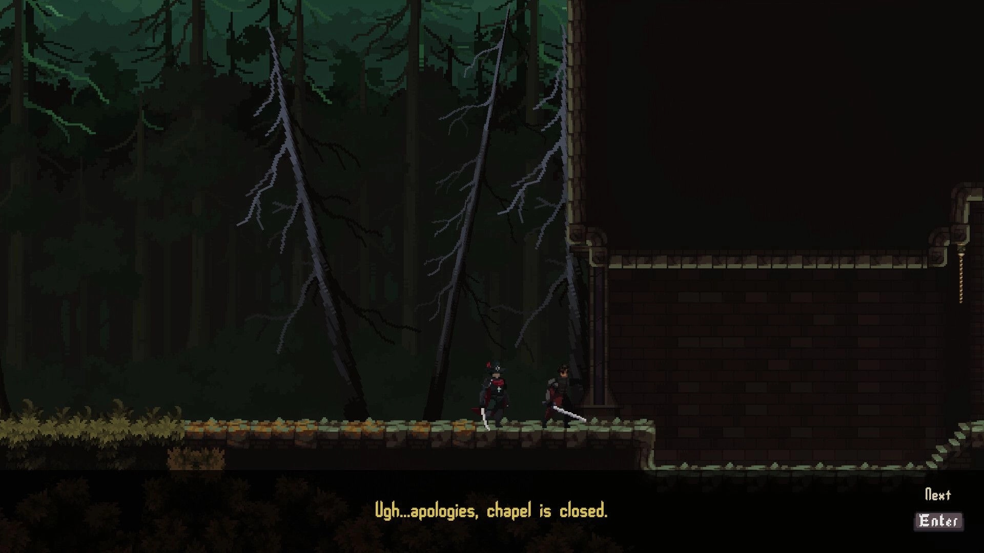 Gravethorn: Two characters converse outside a closed chapel in a dark forest setting.