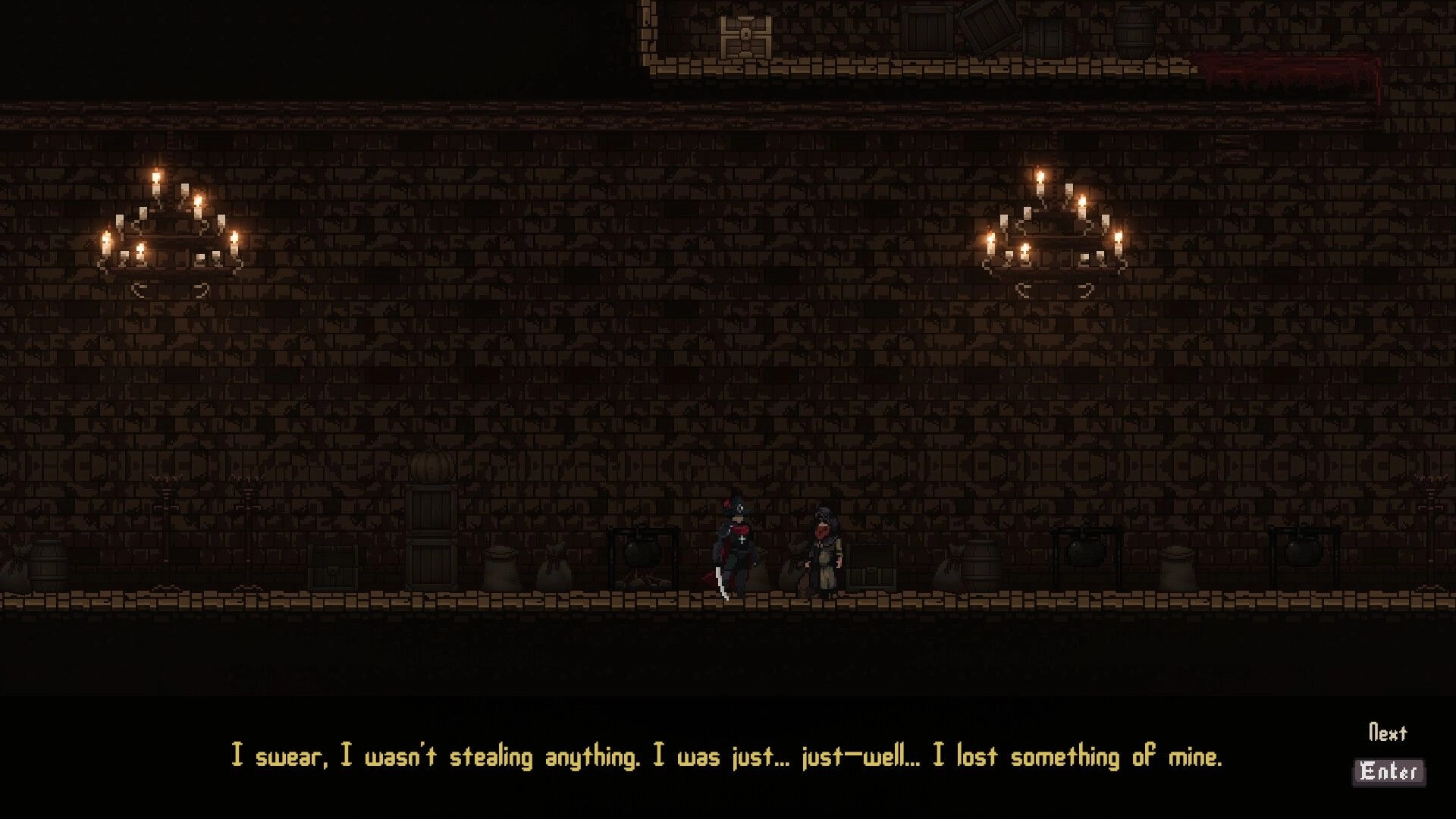 Gravethorn: Inquisitor converses with a villager in a dimly lit stone corridor with hanging chandeliers.