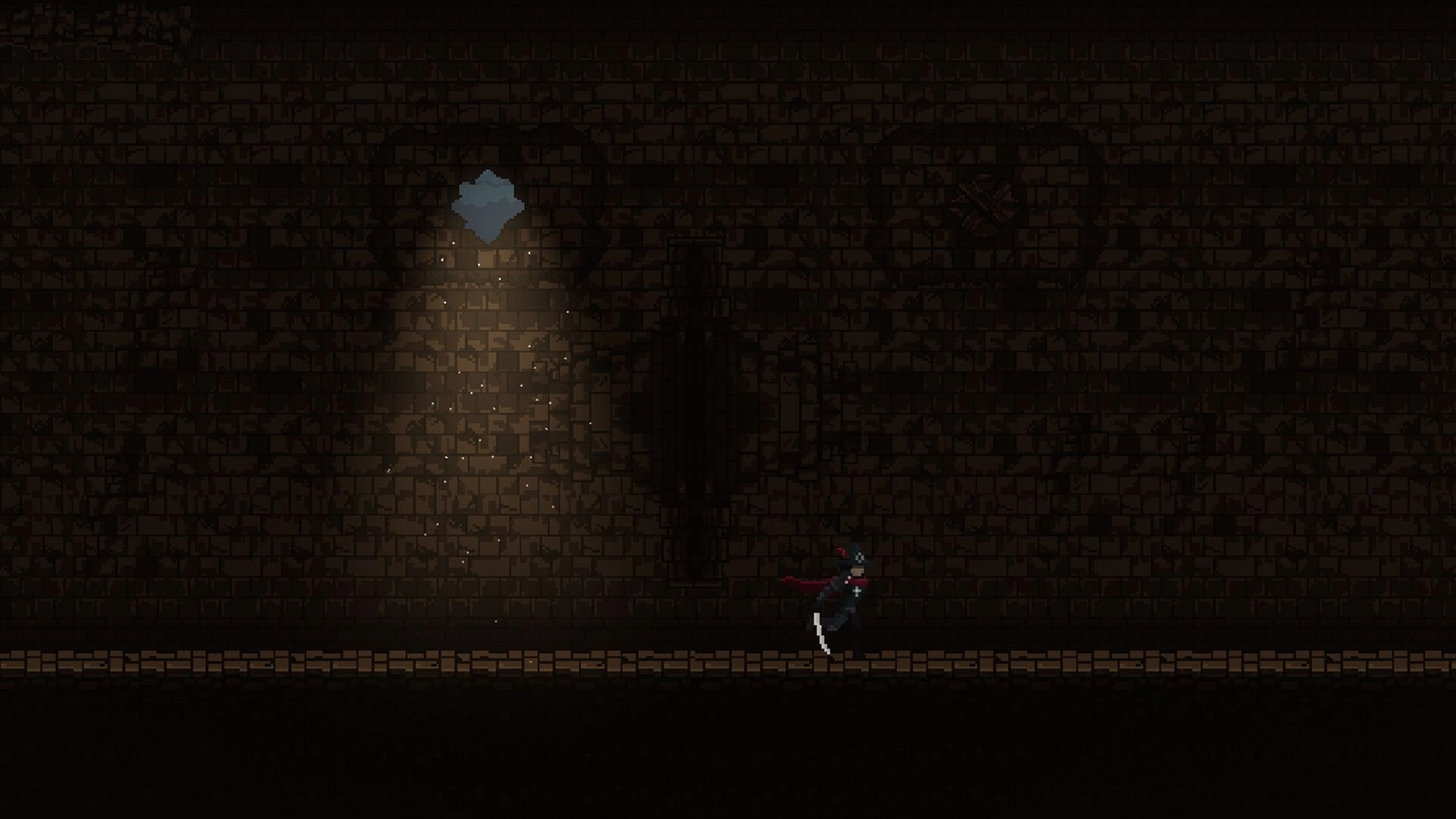 Gravethorn: Inquisitor running through dark dungeon corridor with dim light shining through stone wall.