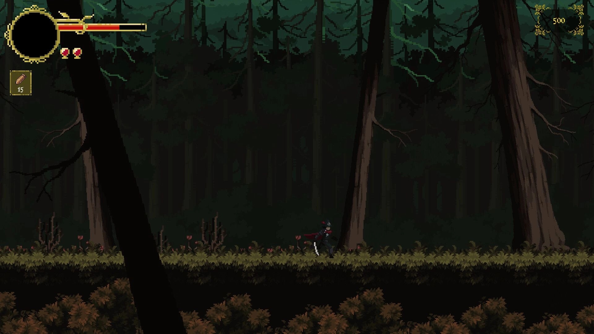 Gravethorn: Inquisitor runs through dark forest with health bar and inventory visible on screen