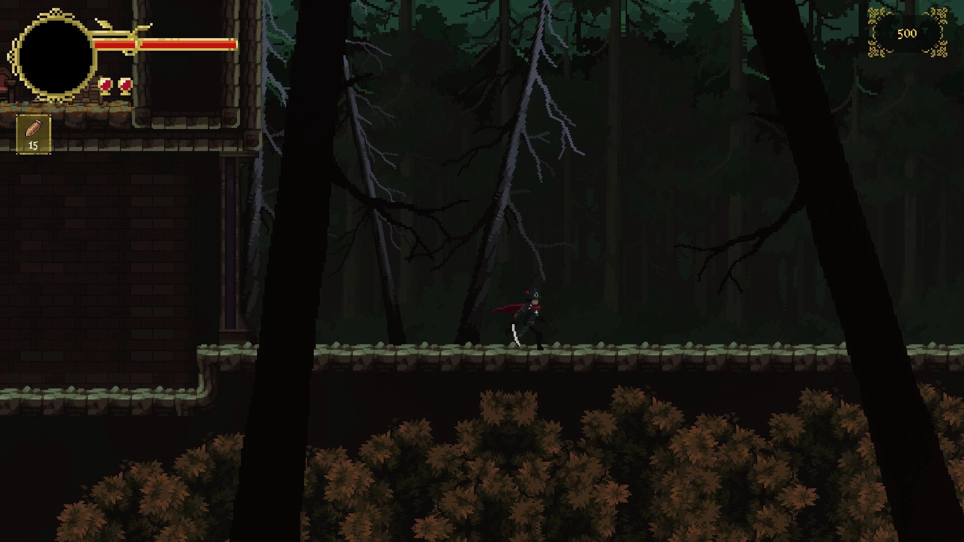 Gravethorn: Inquisitor character traversing dark forest with health bar and item count visible