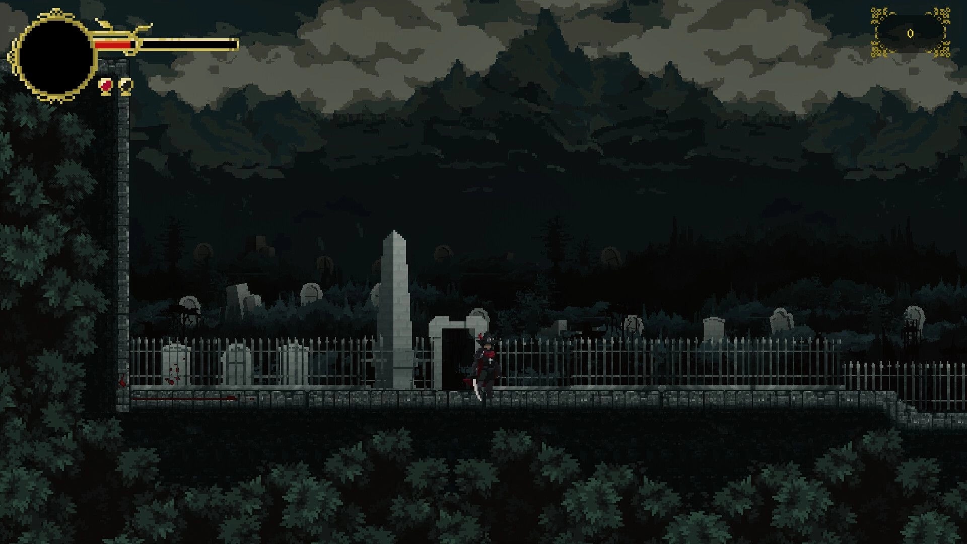 Gravethorn: Inquisitor exploring eerie graveyard at night with health bar visible in top left corner