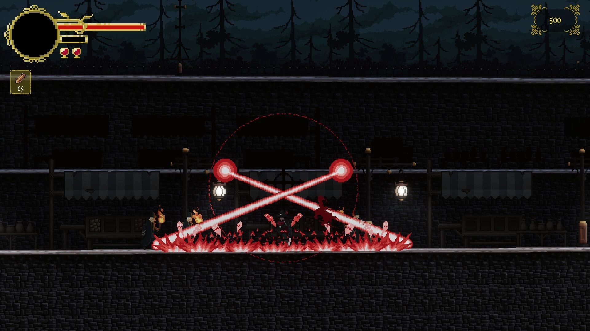 Gravethorn: Inquisitor battles foes amidst red energy beams in a dark, forested platform level.