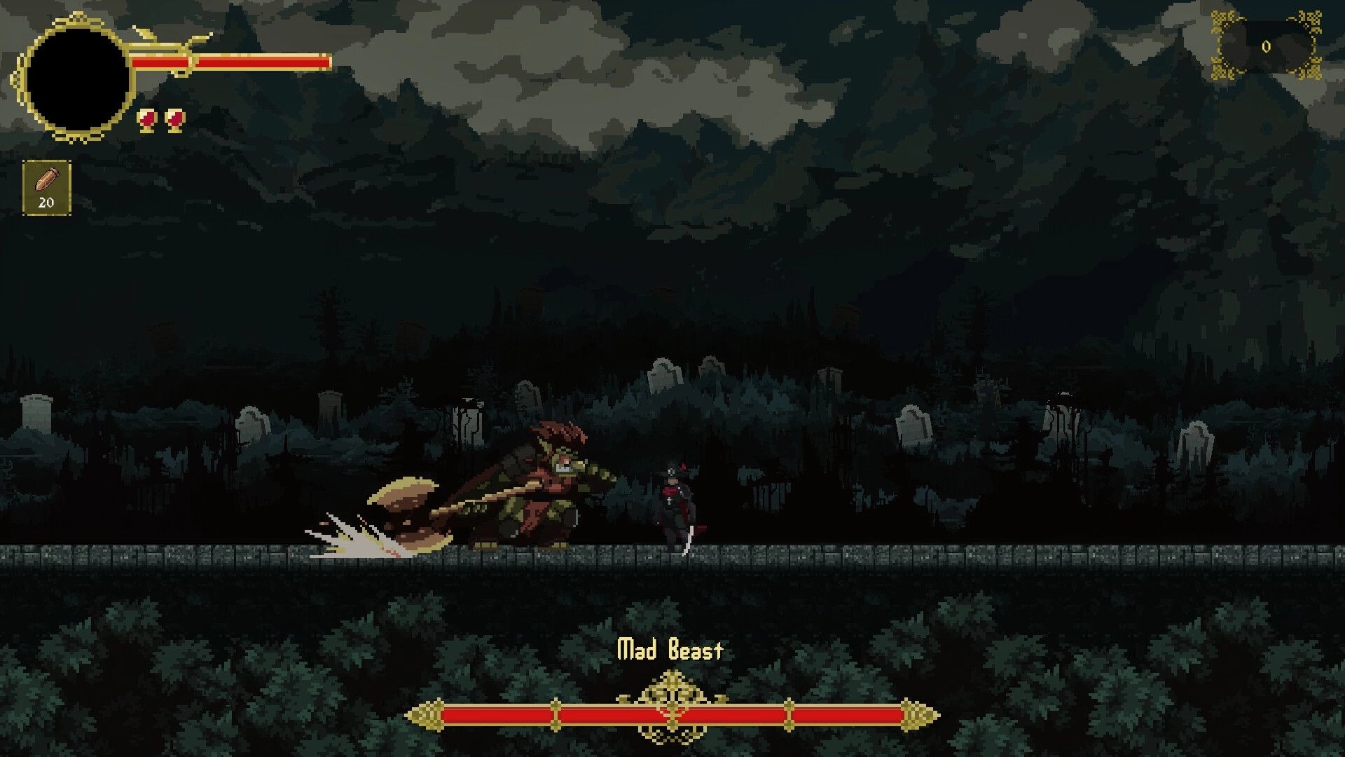 Gravethorn: Inquisitor battles Mad Beast on a stone path in a dark, eerie graveyard setting.