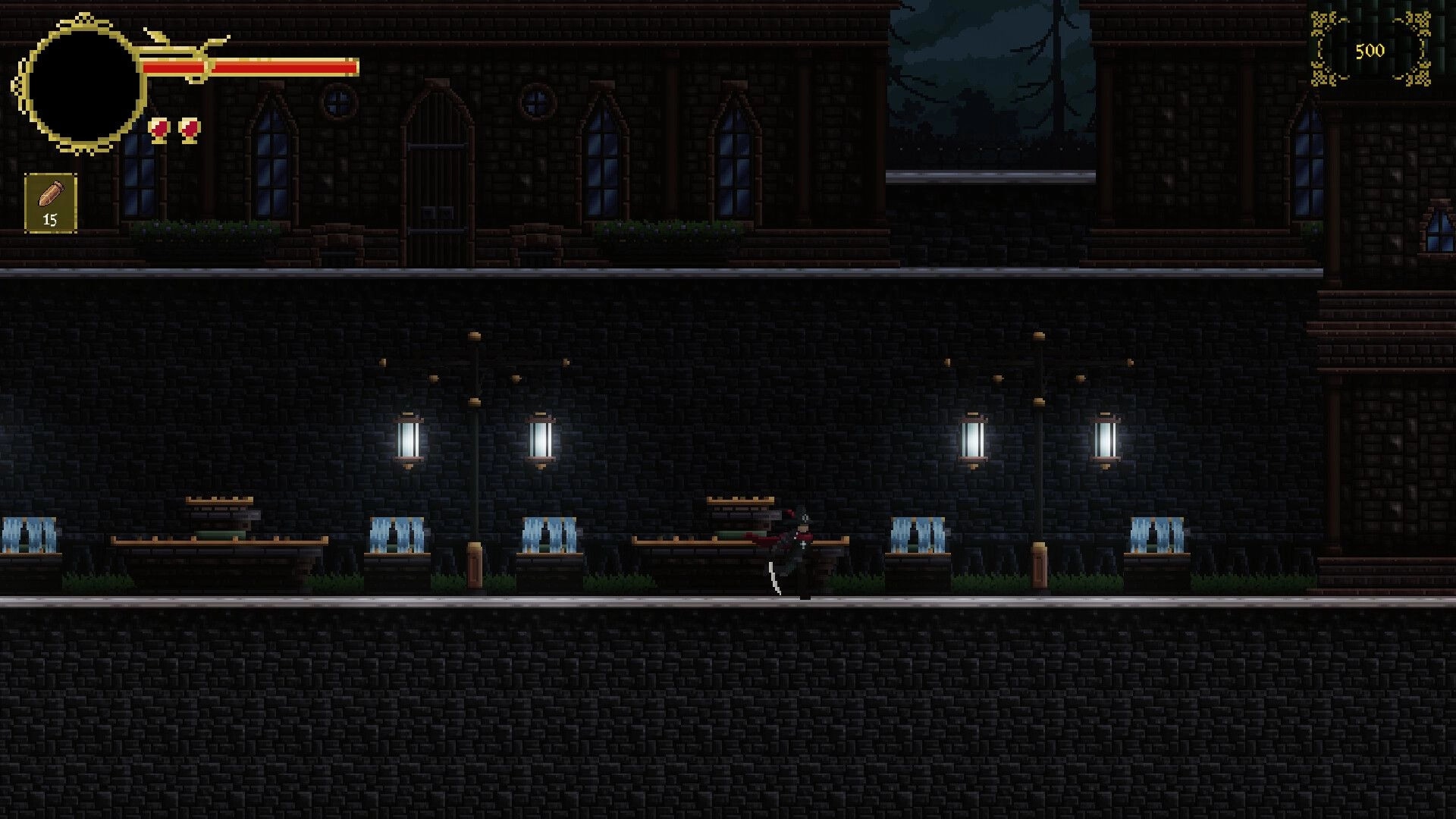 Gravethorn: Inquisitor explores dimly lit underground market with health bar and coin counter visible