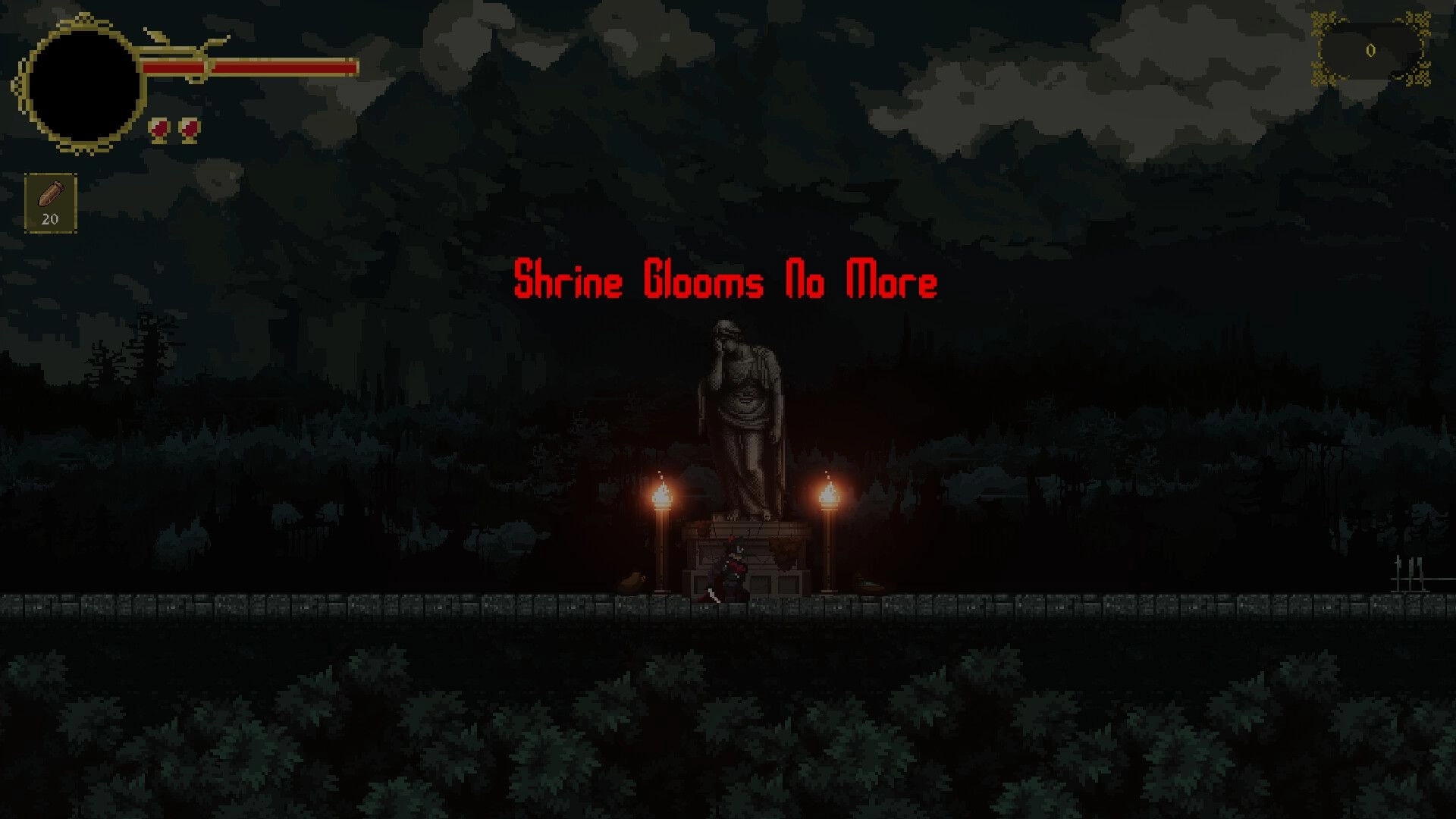 Gravethorn: Inquisitor stands before statue at night, "Shrine Glooms No More" text glows red