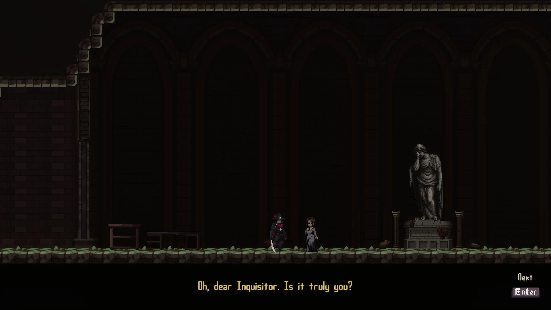 Gravethorn: Inquisitor encounters a mysterious figure beside a statue in a dimly lit hall.
