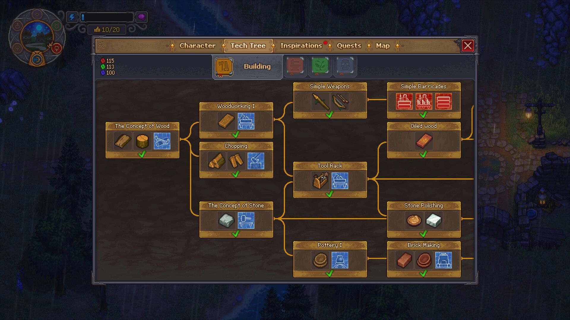 Graveyard Keeper 2: Building tech tree menu with woodworking and stone nodes over a dark forest map.