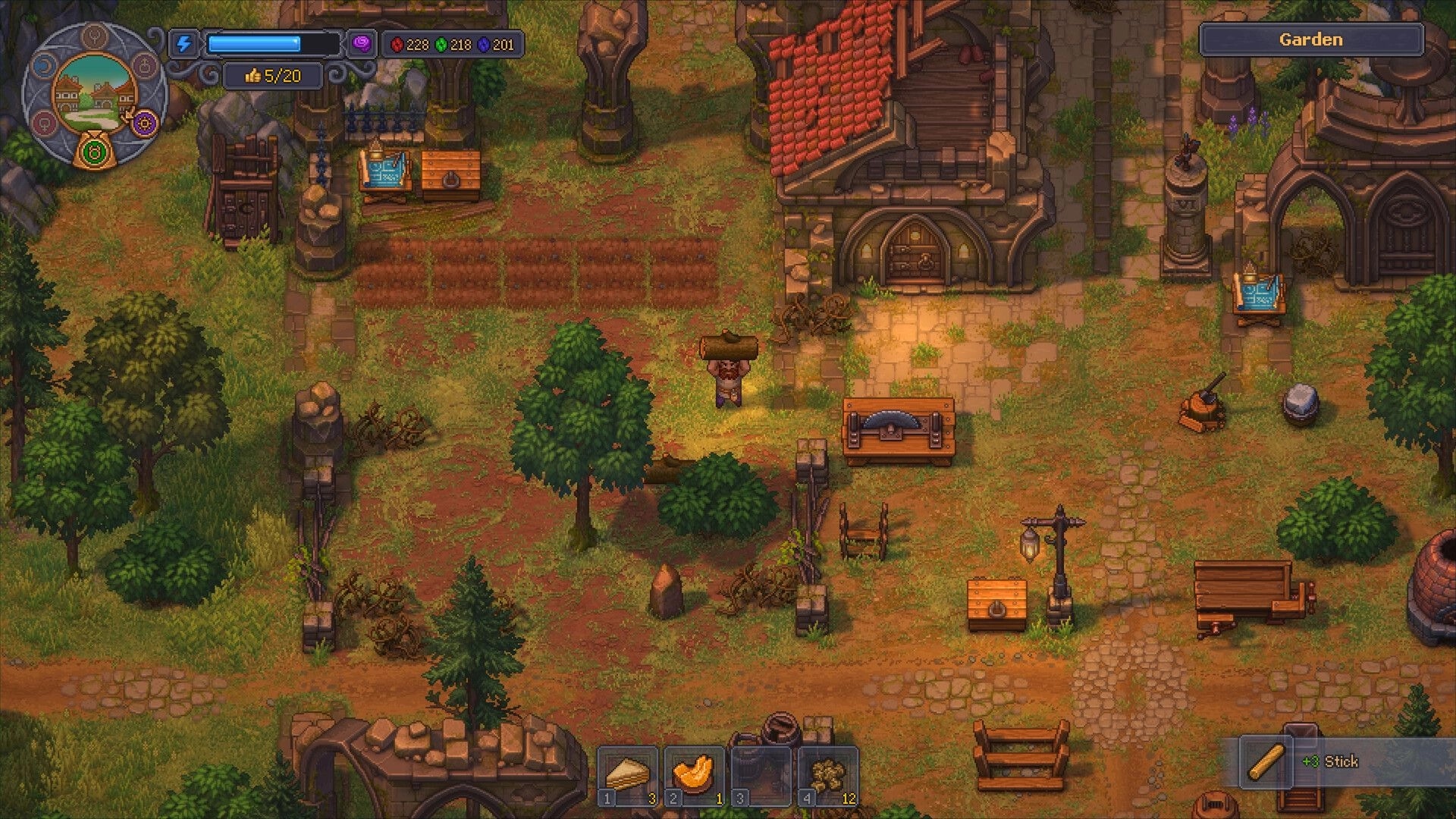 Graveyard Keeper 2: Character carrying a log in the Garden yard with workbenches, beds, and UI map.