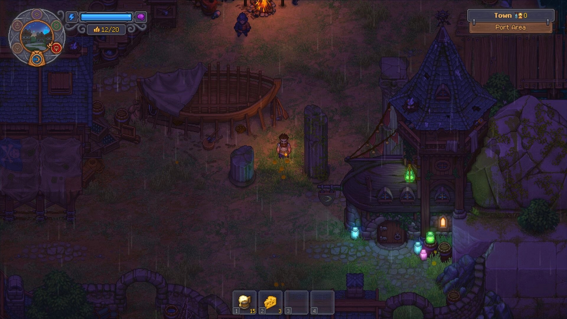 Graveyard Keeper 2: Player stands in rainy port area by boat and house, Town UI and hotbar visible.